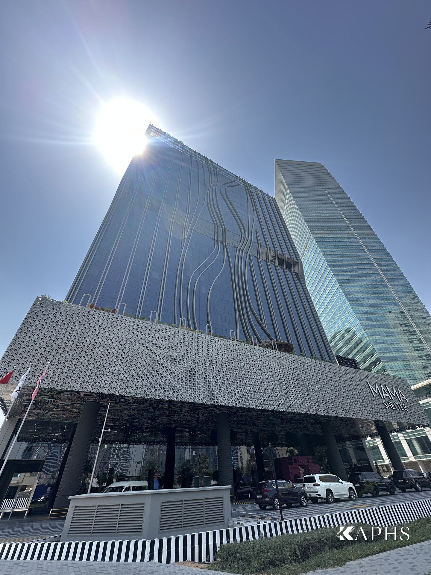 Mama Shelter Hotel tower above its cast-aluminium Mashrabiya screen, Dubai — KAPHS