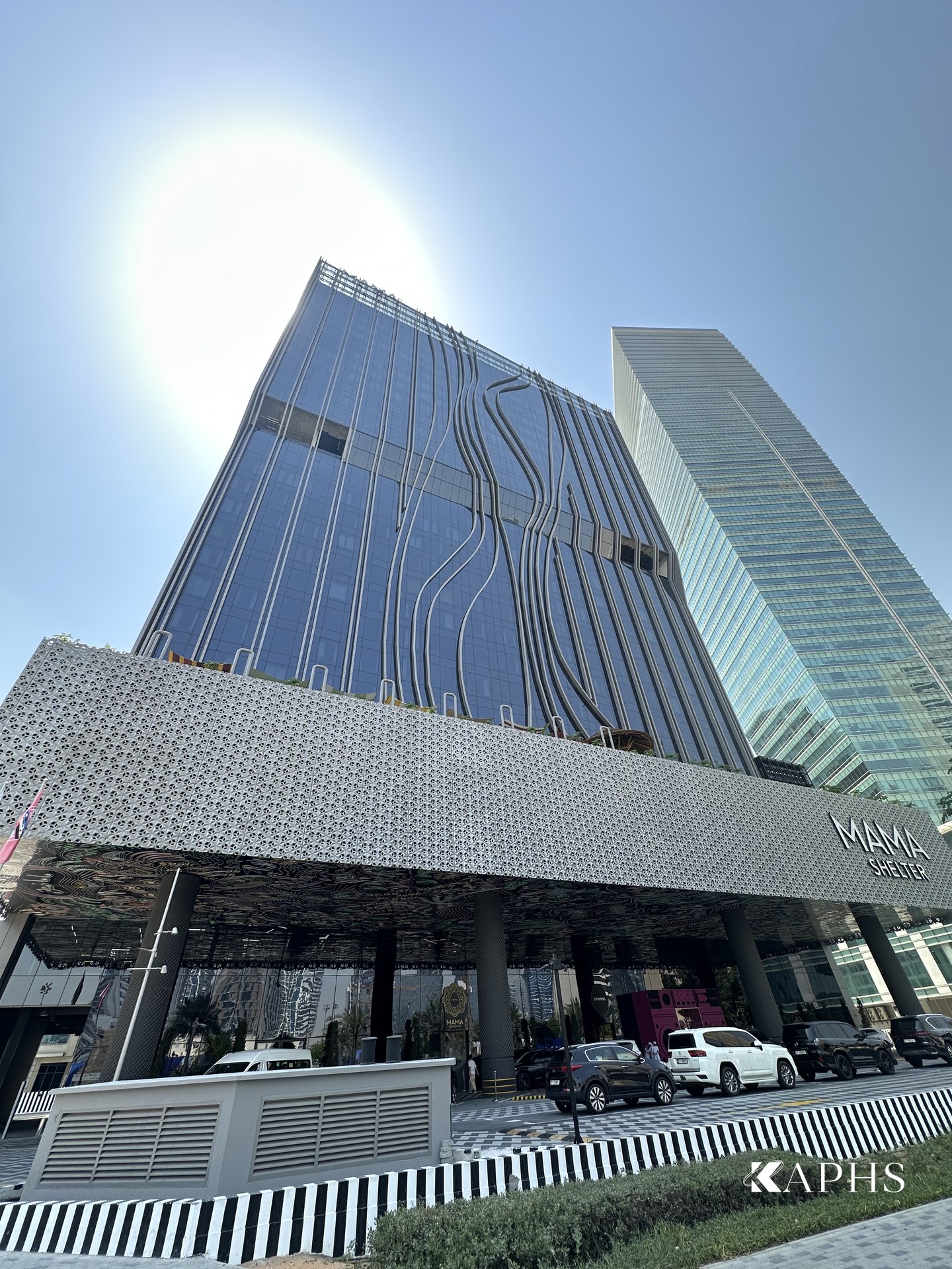 Mama Shelter Hotel entrance with cast-aluminium Mashrabiya architectural screen, Business Bay Dubai — KAPHS