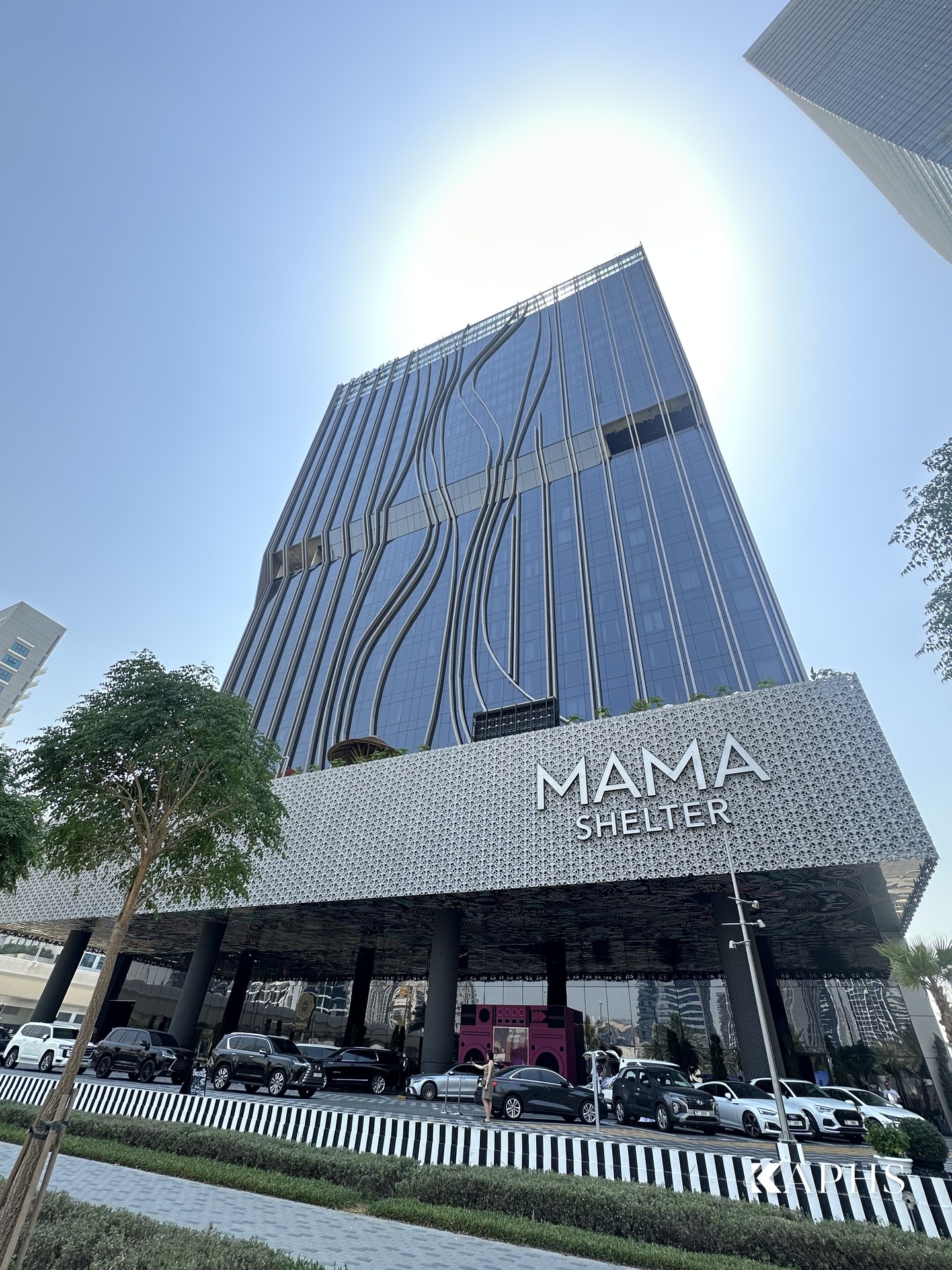 MAMA SHELTER signage on the cast-aluminium Mashrabiya screen, Business Bay Dubai — KAPHS