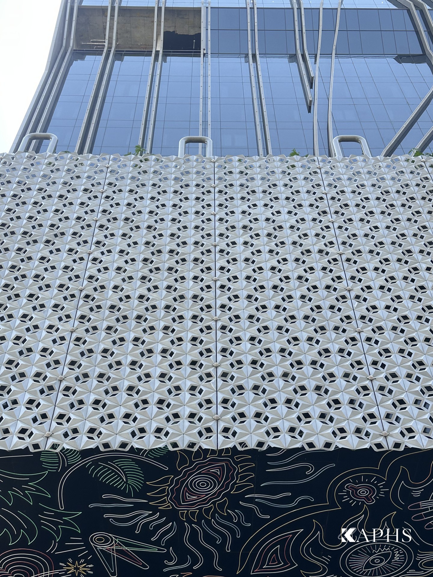 Detail of the arrow-slit cast-aluminium Mashrabiya pattern, Mama Shelter Hotel Dubai — KAPHS