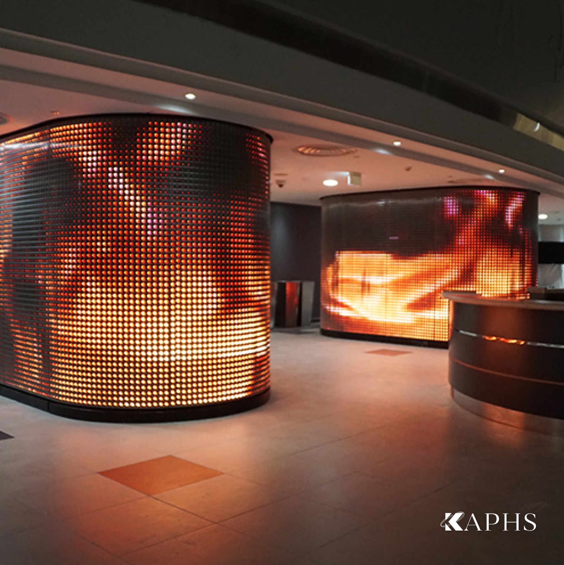 IMAGIC WEAVE LED architectural wire mesh media columns in the Al Sadd Sports Club, Doha — KAPHS