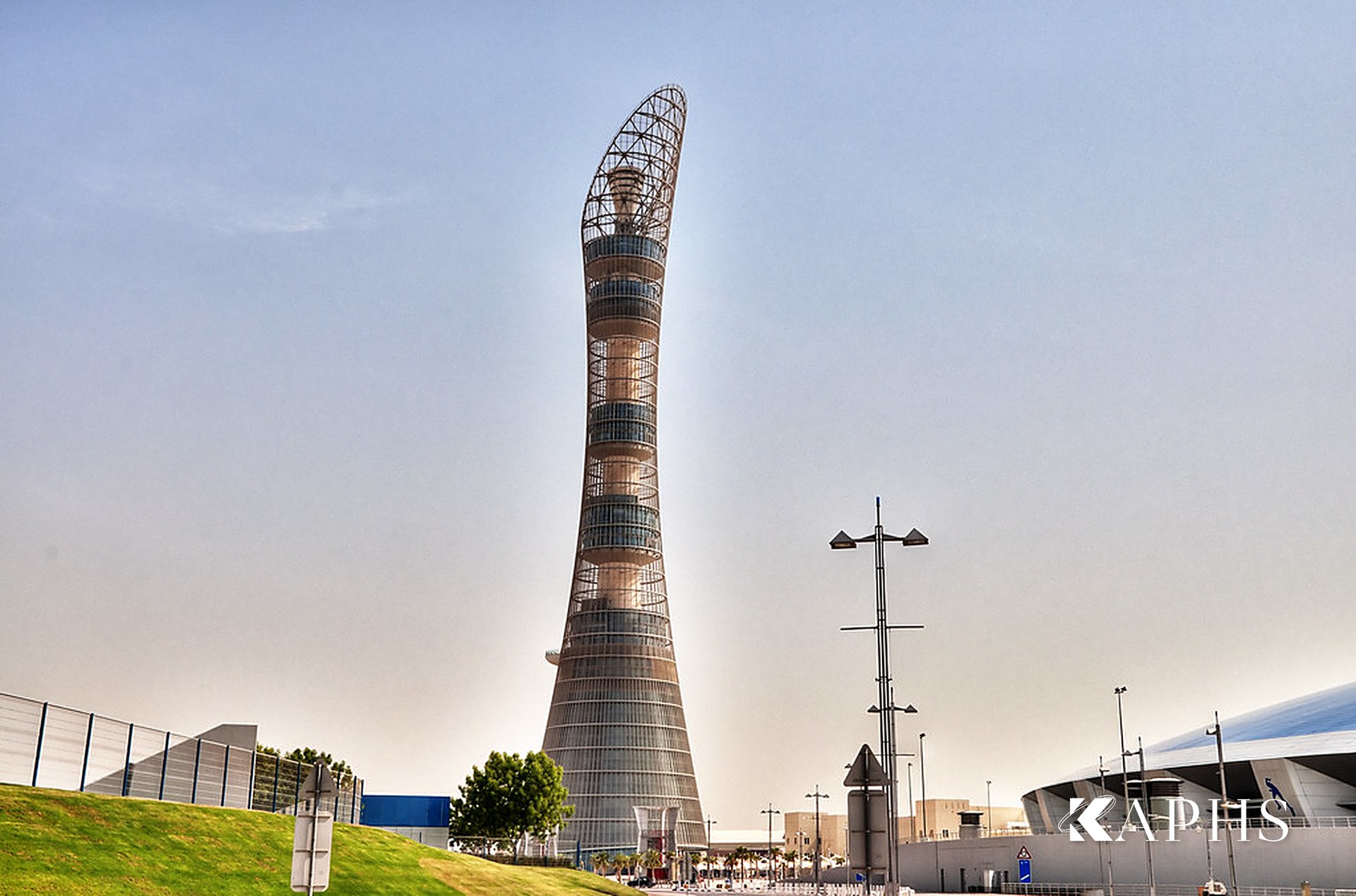 The Aspire Tower torch form in architectural wire mesh, Doha Sports City — KAPHS