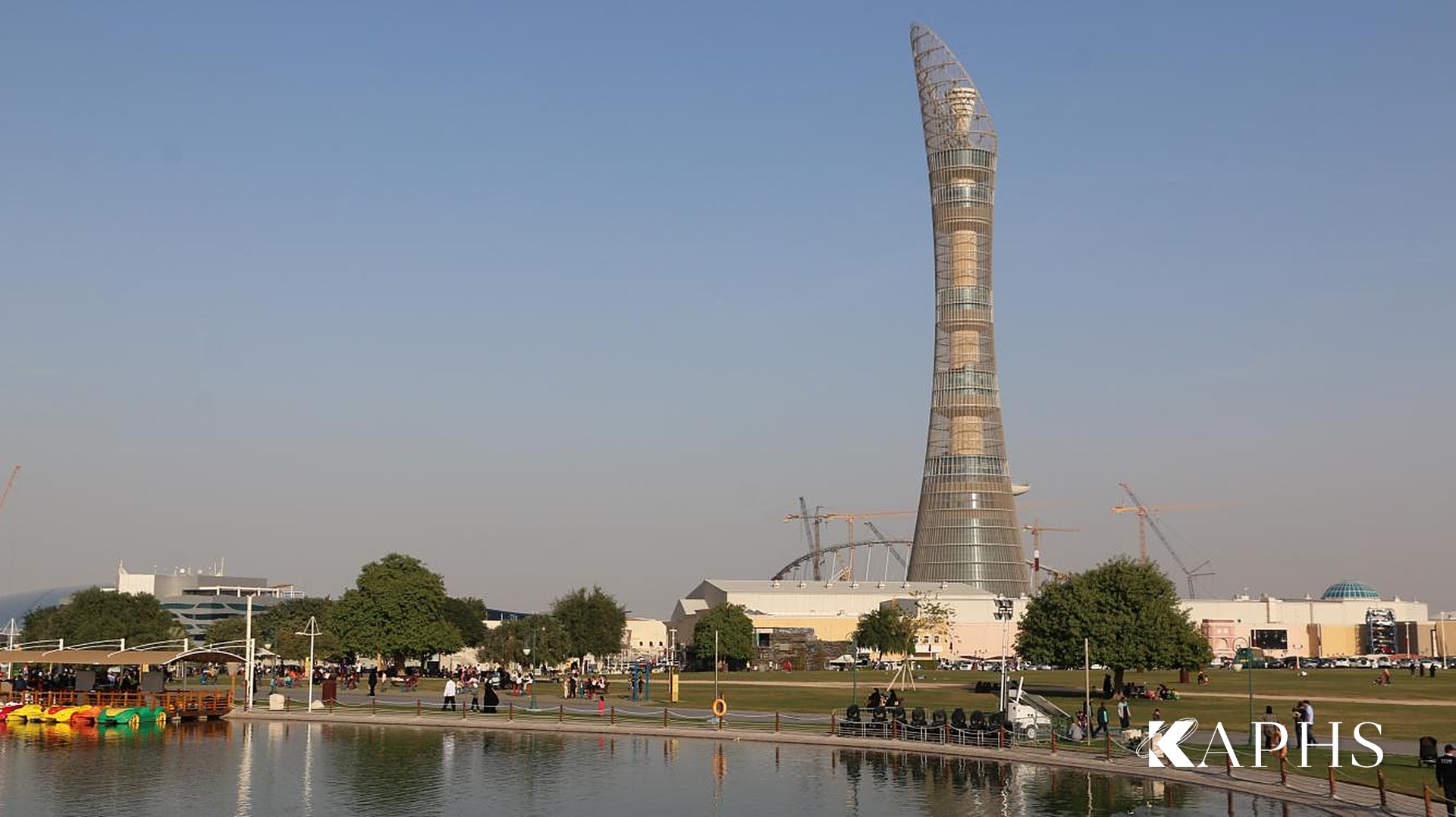 Aspire Tower across the water, clad in DOGLA-TRIO architectural wire mesh, Doha — KAPHS