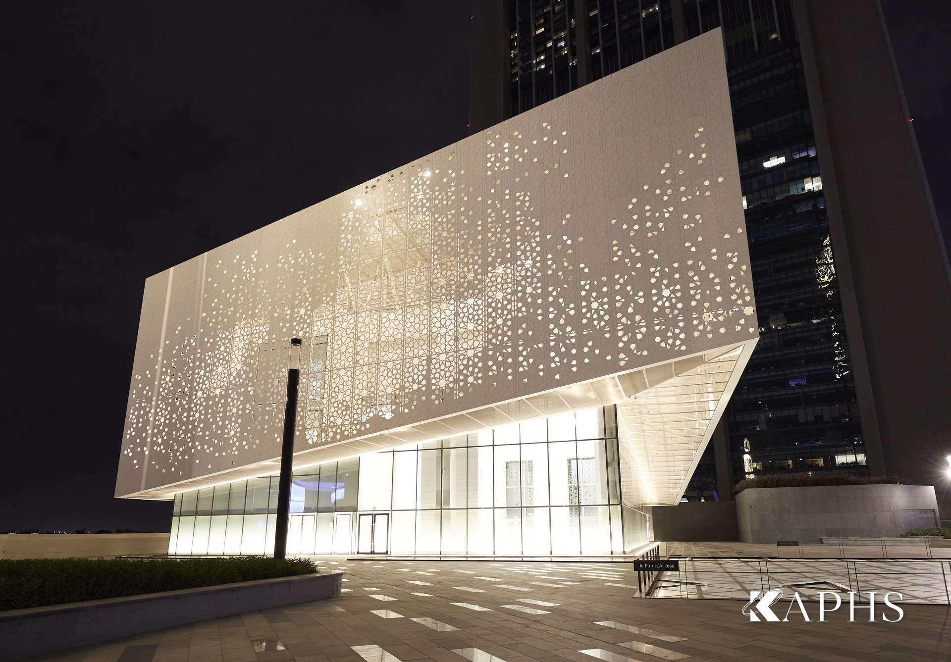 Illuminated architectural wire mesh envelope of the DIFC Gate Mosque, Dubai — KAPHS