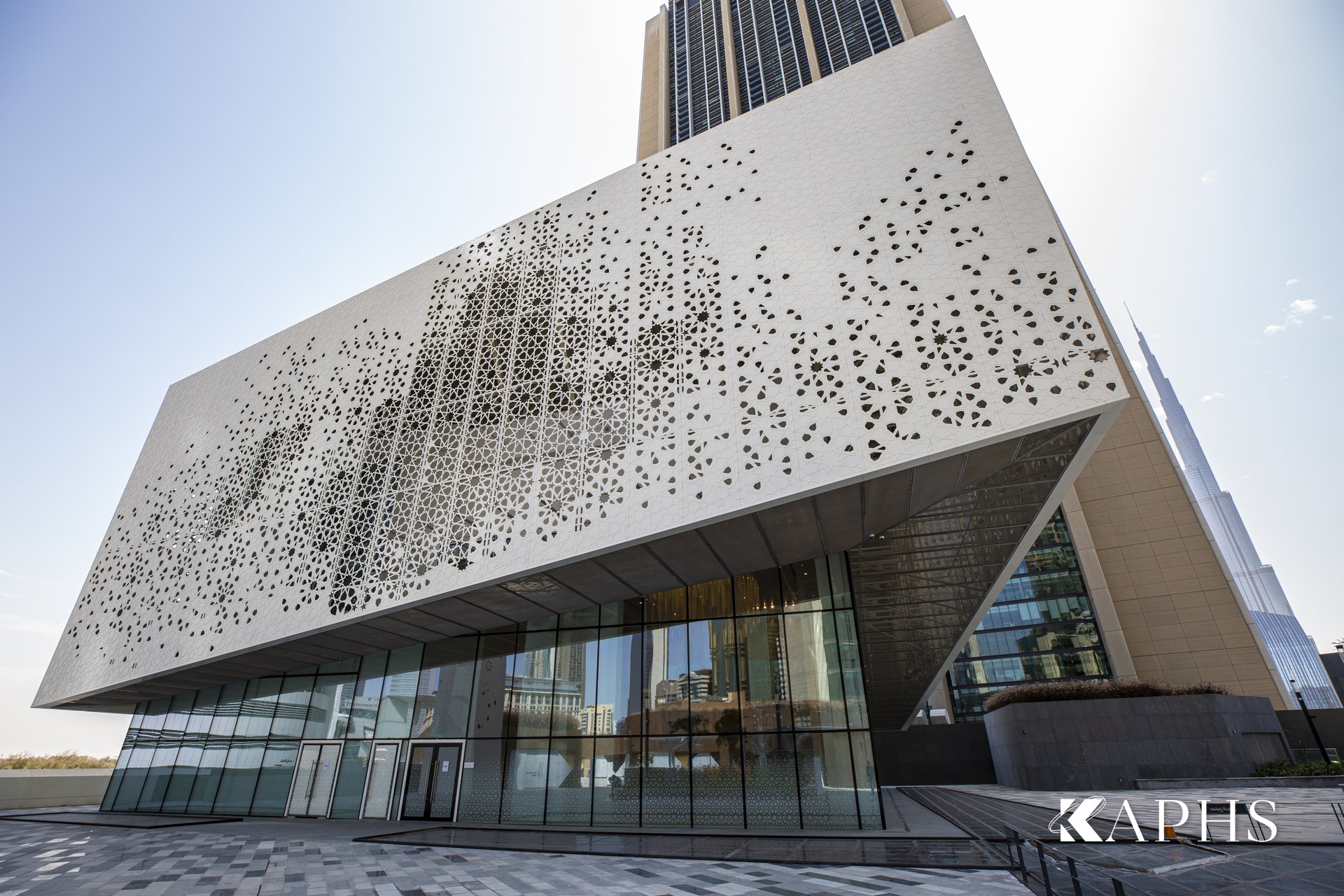 Semi-transparent stainless architectural wire mesh façade of the DIFC Gate Mosque, Dubai — KAPHS