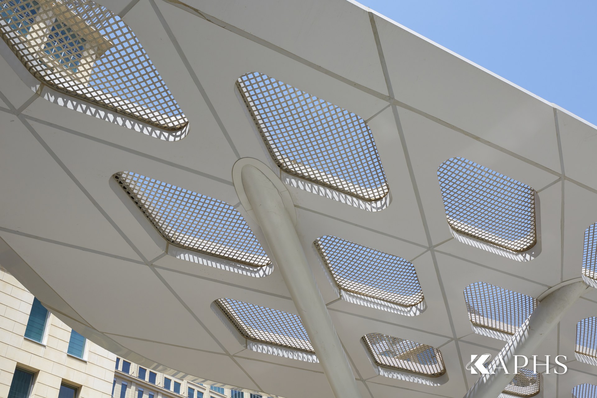 Perforated architectural wire mesh soffit and skylights at the DIFC Gate Mosque, Dubai — KAPHS