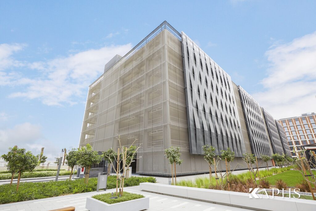 Dubai Hills Estate Business Park car park clad in EGLA-TWIN stainless architectural wire mesh — KAPHS