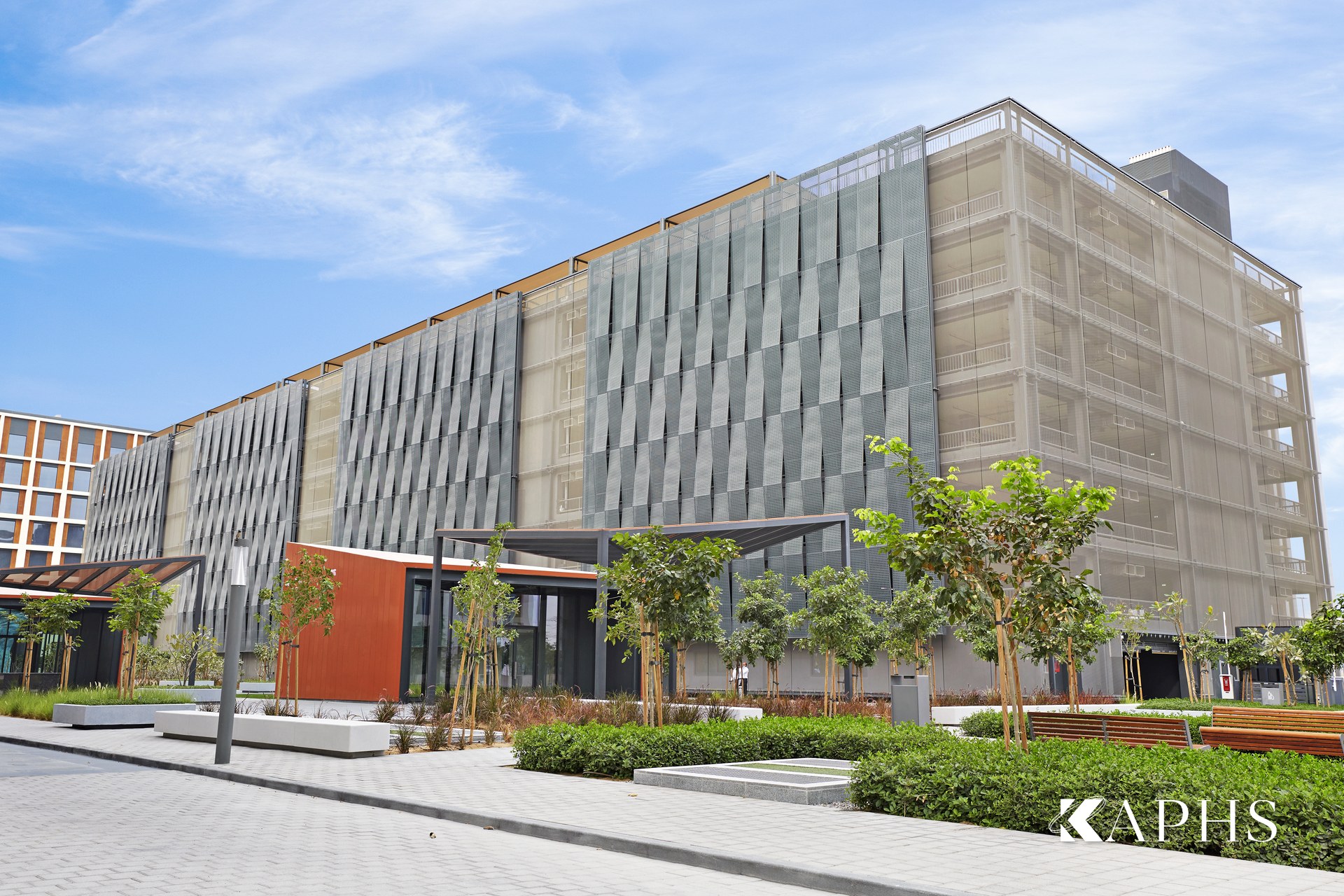 EGLA-TWIN stainless woven wire mesh façade on the Dubai Hills Business Park car park, Dubai — KAPHS