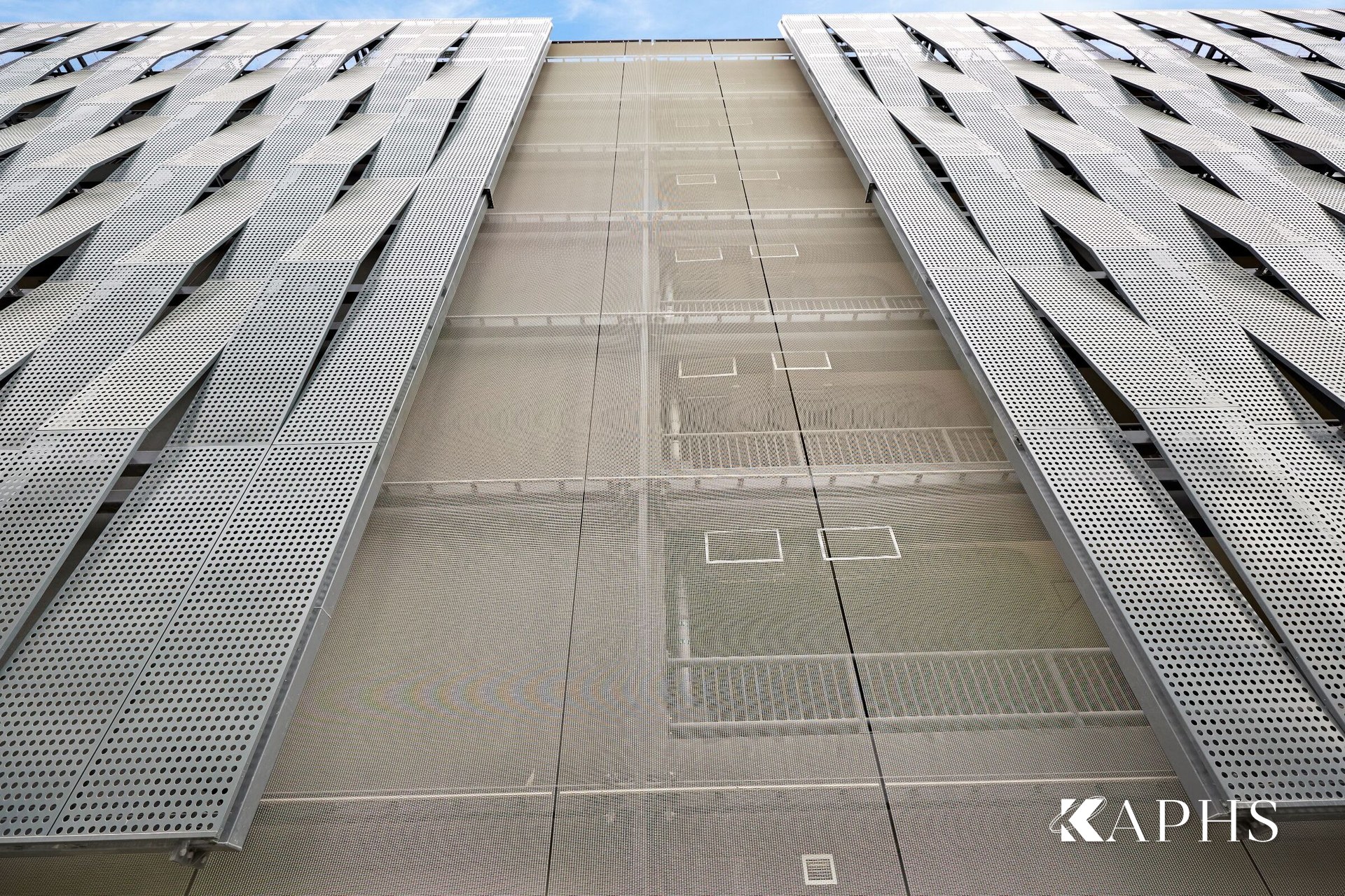 Looking up the EGLA-TWIN stainless architectural wire mesh cladding, Dubai Hills Business Park — KAPHS