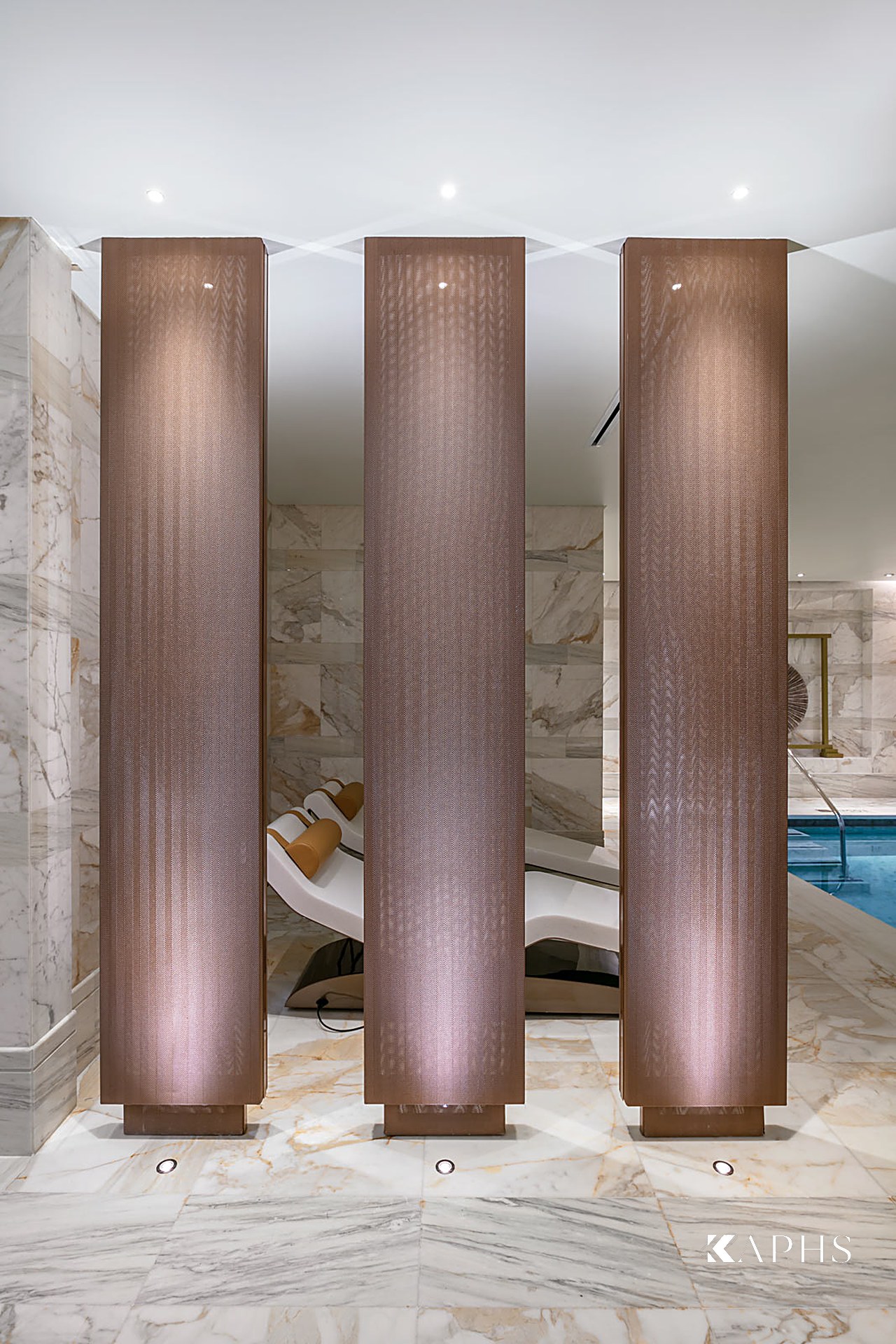 Room-high ALTERNA painted wire mesh privacy screens at Mandarin Oriental Doha spa — KAPHS
