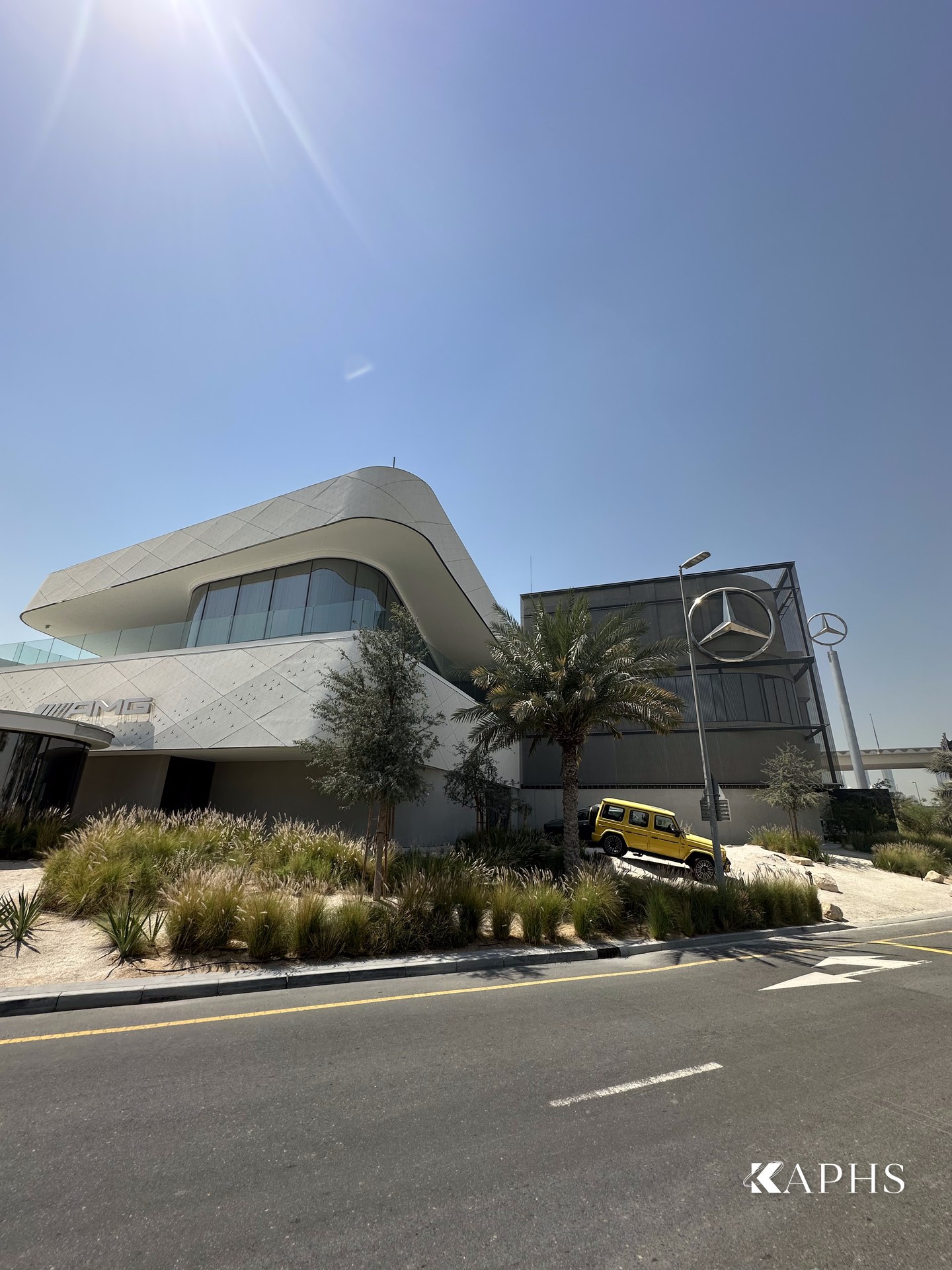 Street view of the Mercedes-Benz flagship showroom wire mesh façade, Dubai Design District — KAPHS