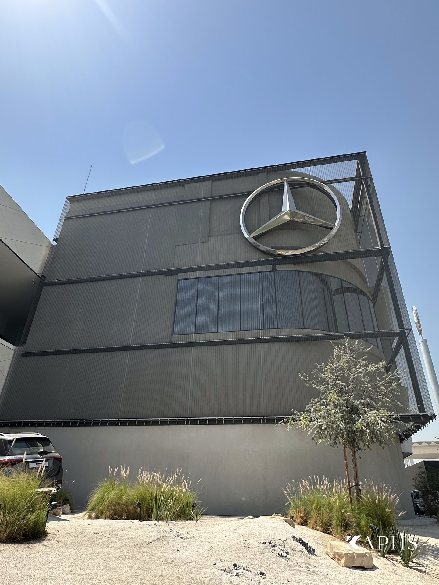 Detail of DOGLIA-TRIO grey-painted architectural wire mesh, Mercedes-Benz d3 Dubai — KAPHS