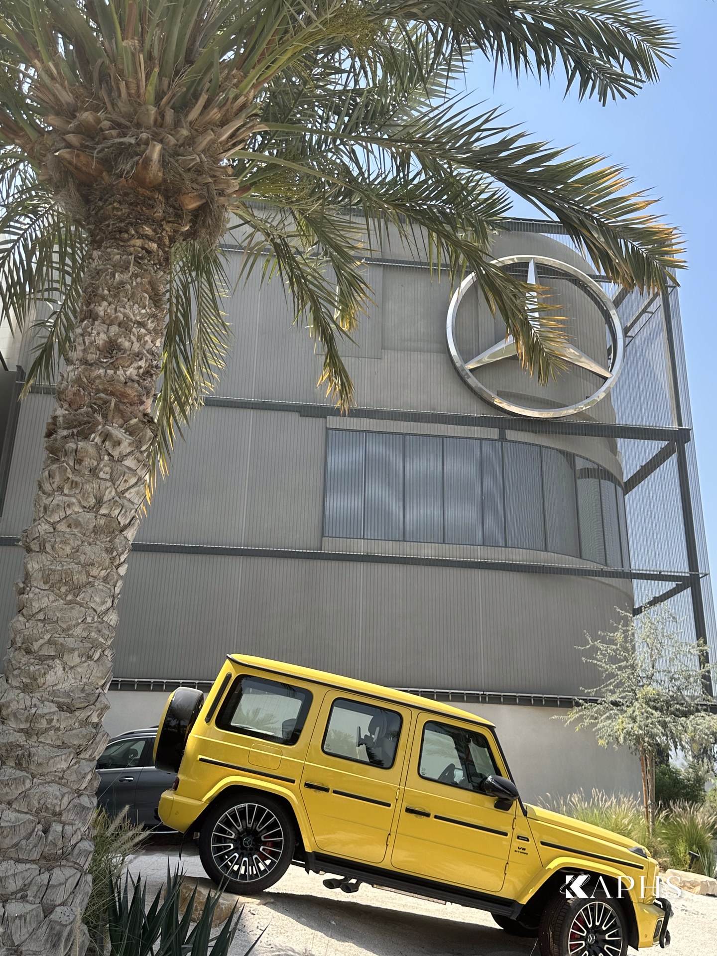 Mercedes-Benz d3 showroom wire mesh façade behind palms, Dubai Design District — KAPHS