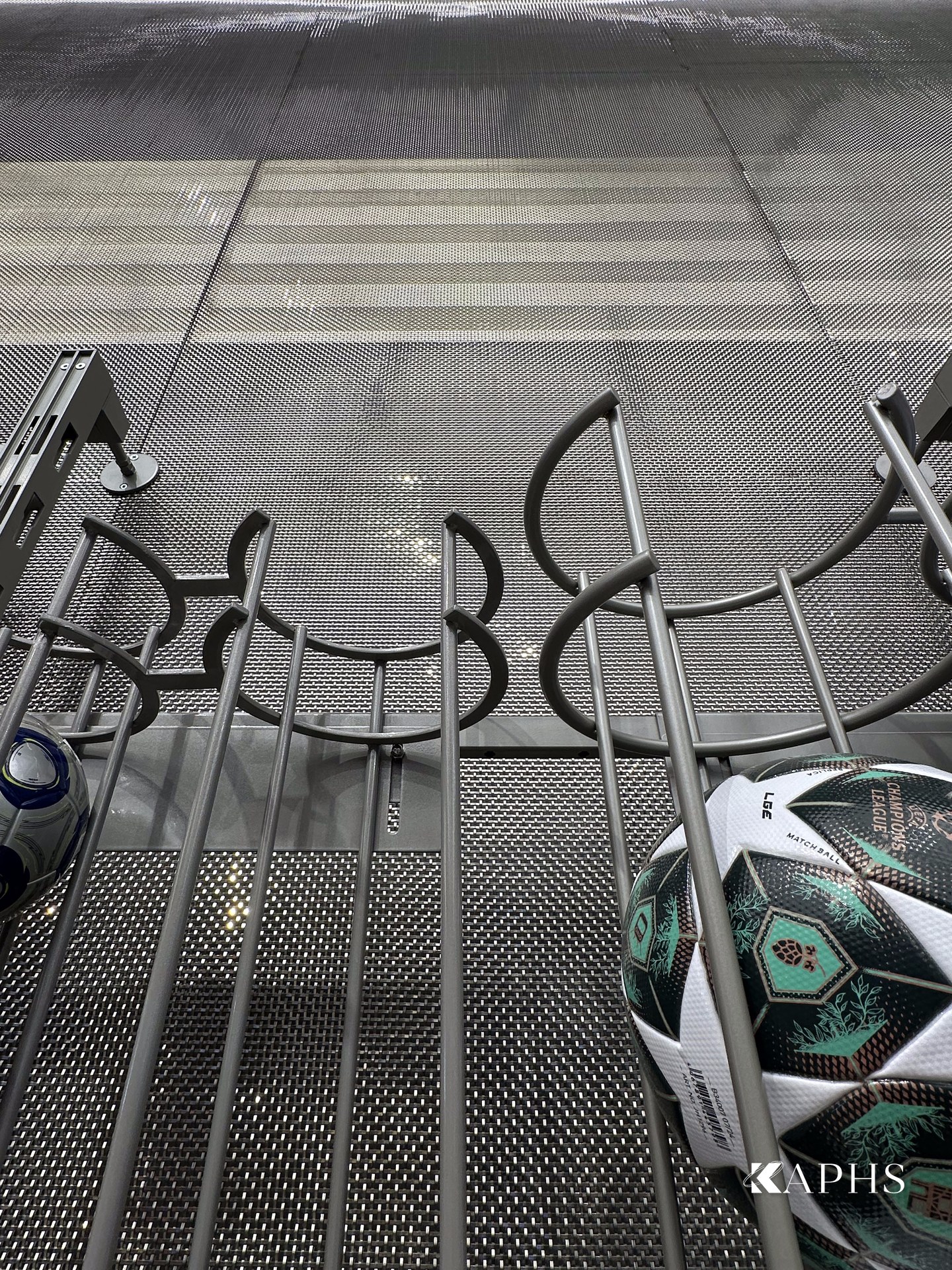 Close-up of DWM Mosa decorative wire mesh cladding at the Adidas Young Athletes store, Dubai Mall — KAPHS