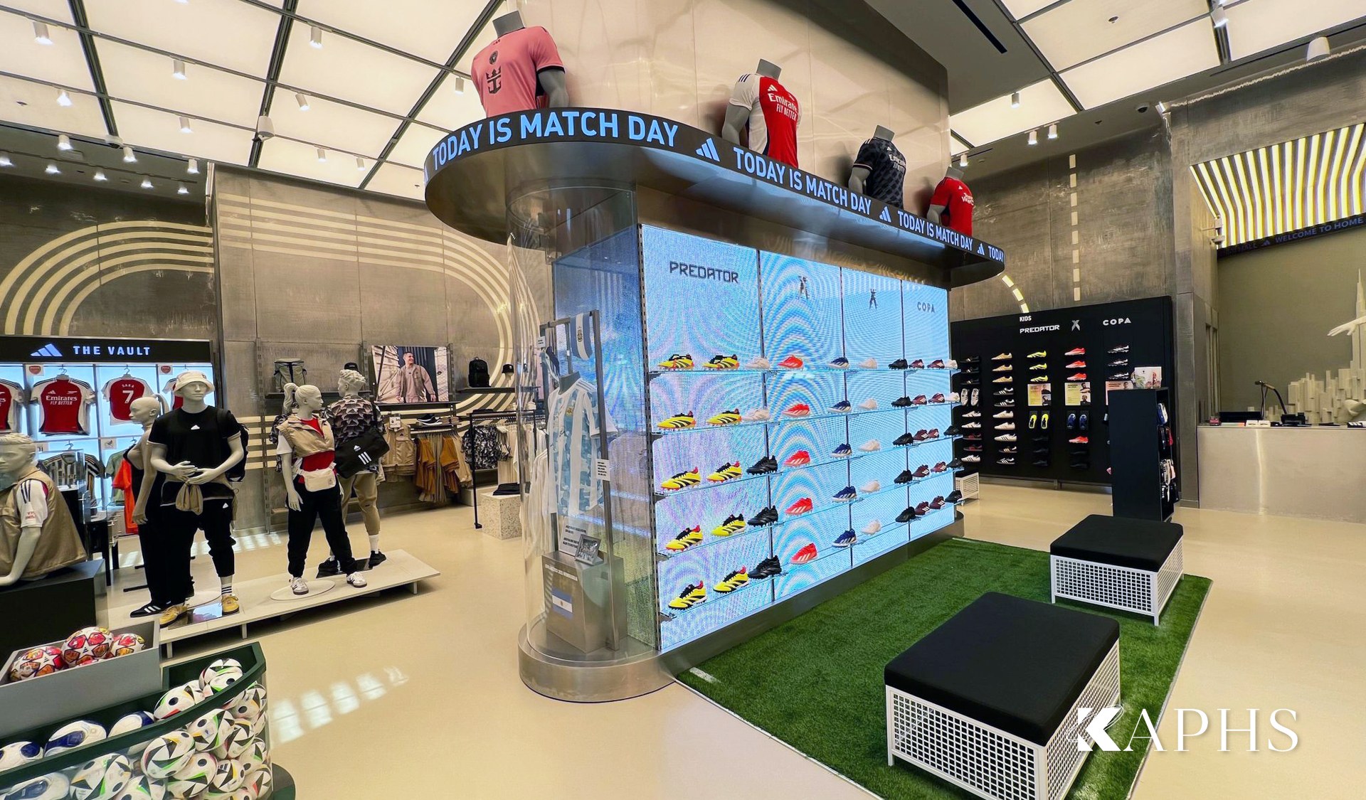 Footwear wall and DWM Mosa decorative wire mesh cladding at the Adidas Young Athletes store, Dubai Mall — KAPHS