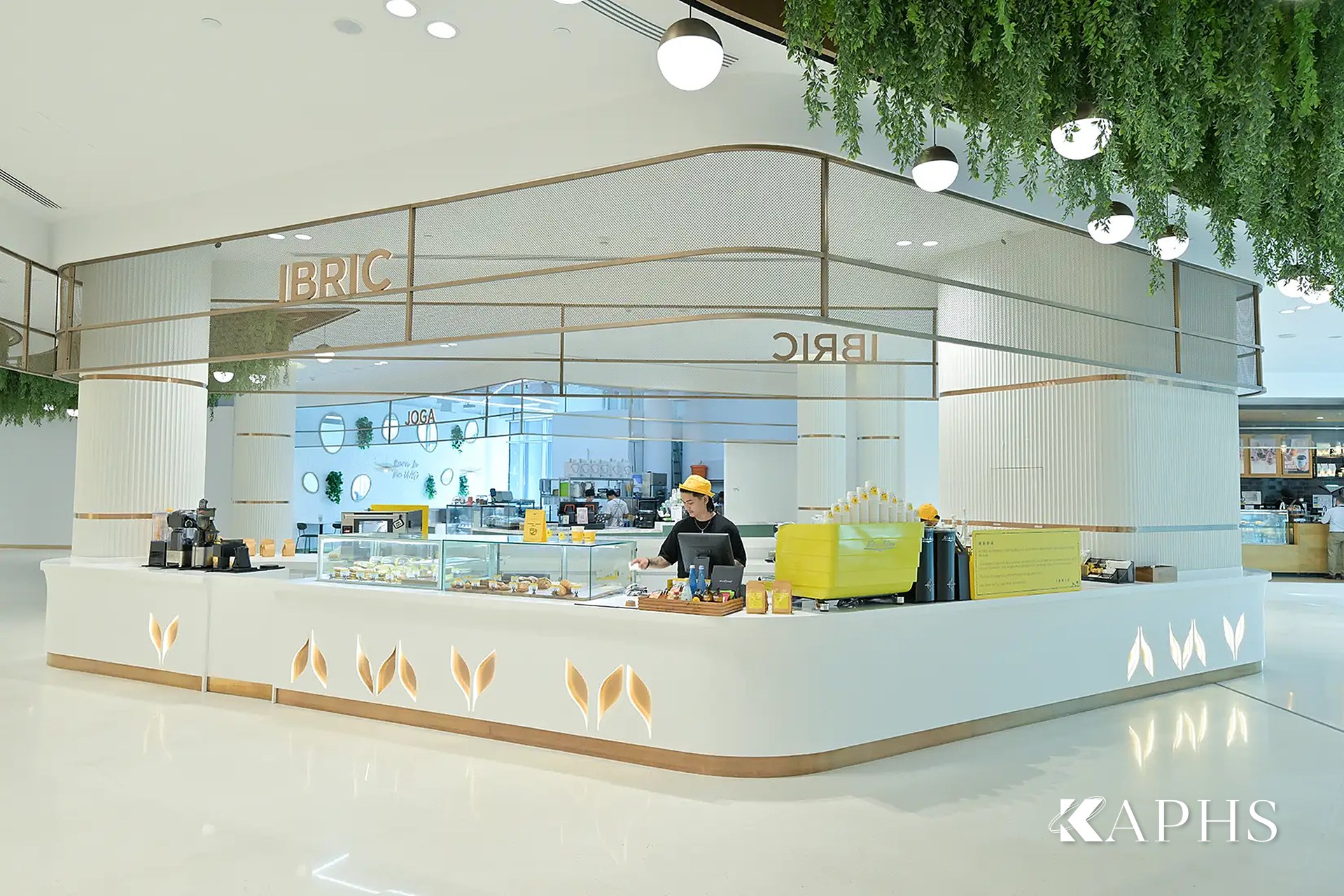 Food stall backdrop in bronze decorative wire mesh at the DAFZA Food Court, Dubai — KAPHS