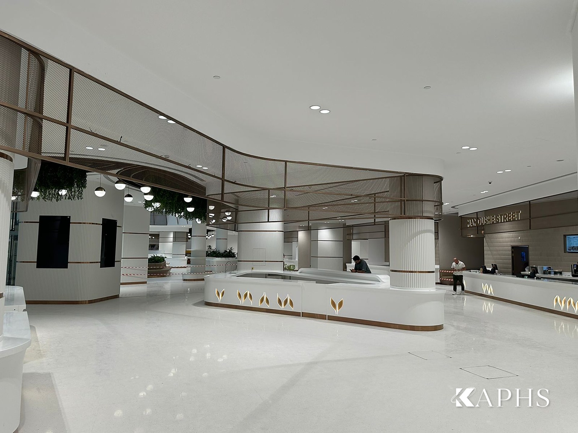 Food court hall with bronze flat-wire decorative wire mesh feature panels, DAFZA Dubai — KAPHS