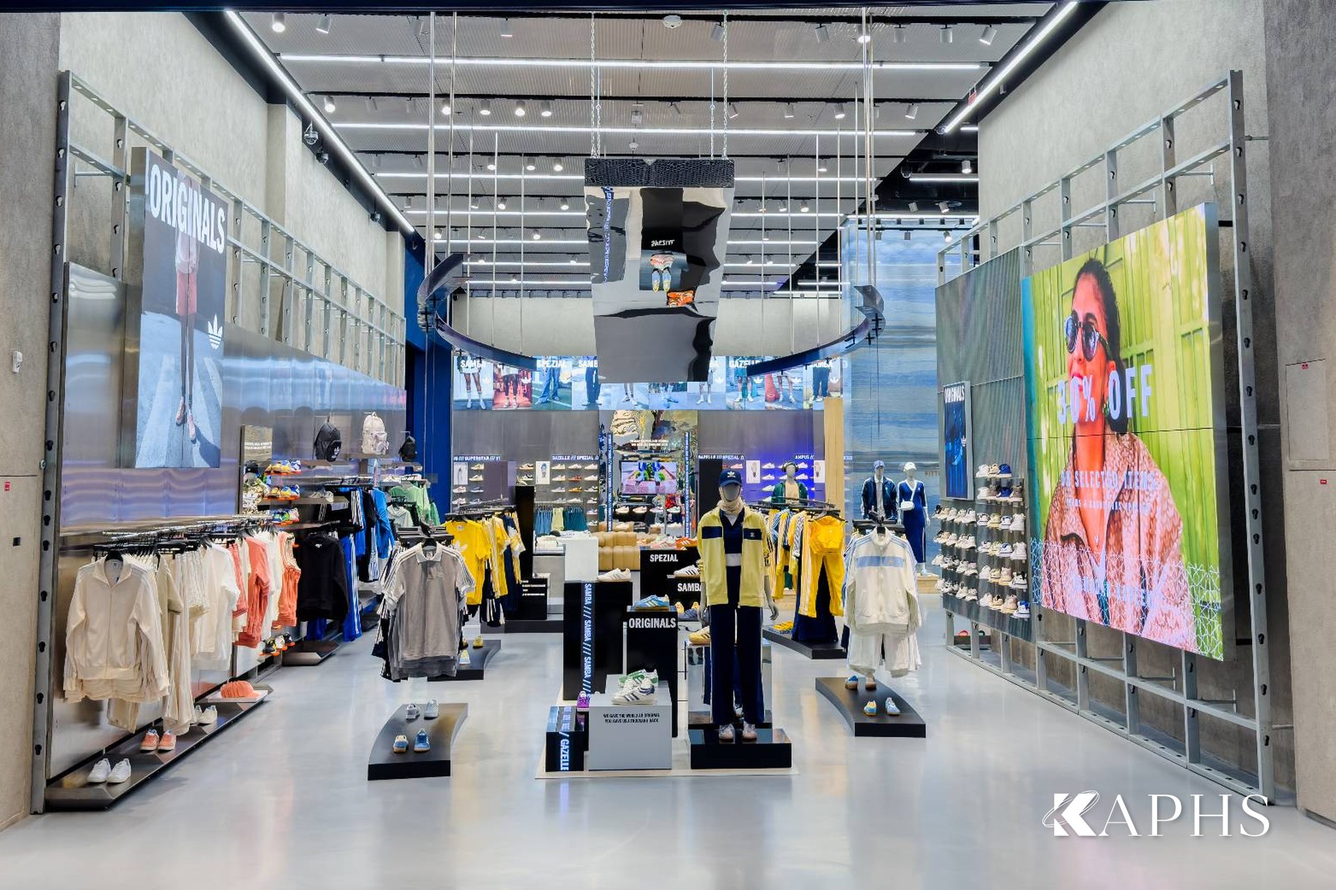 Adidas Originals store at Dubai Mall with an ExpandForm expanded metal mesh framed ceiling — KAPHS