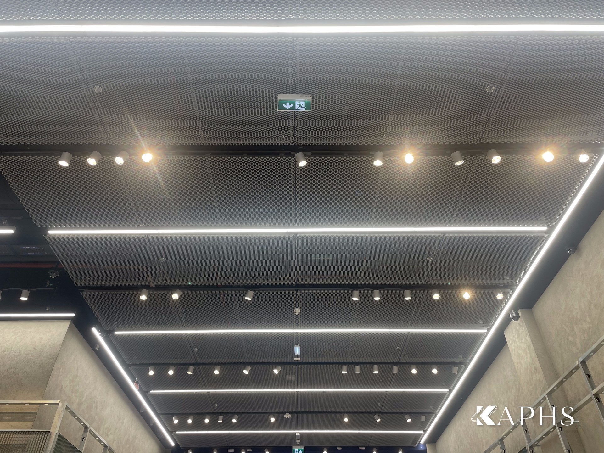 ExpandForm diamond expanded metal mesh ceiling detail, Adidas Originals store Dubai Mall — KAPHS