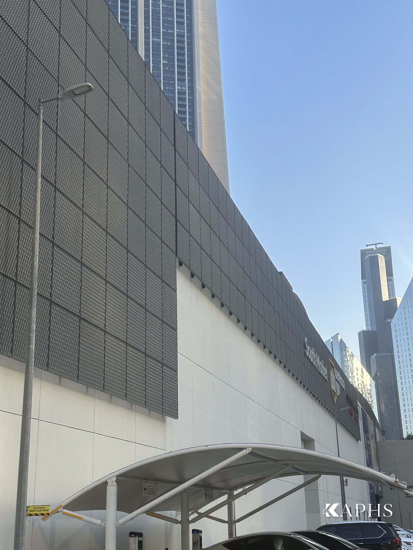 Expanded metal mesh external wall cladding at DIFC Gate Avenue car park, Dubai — KAPHS