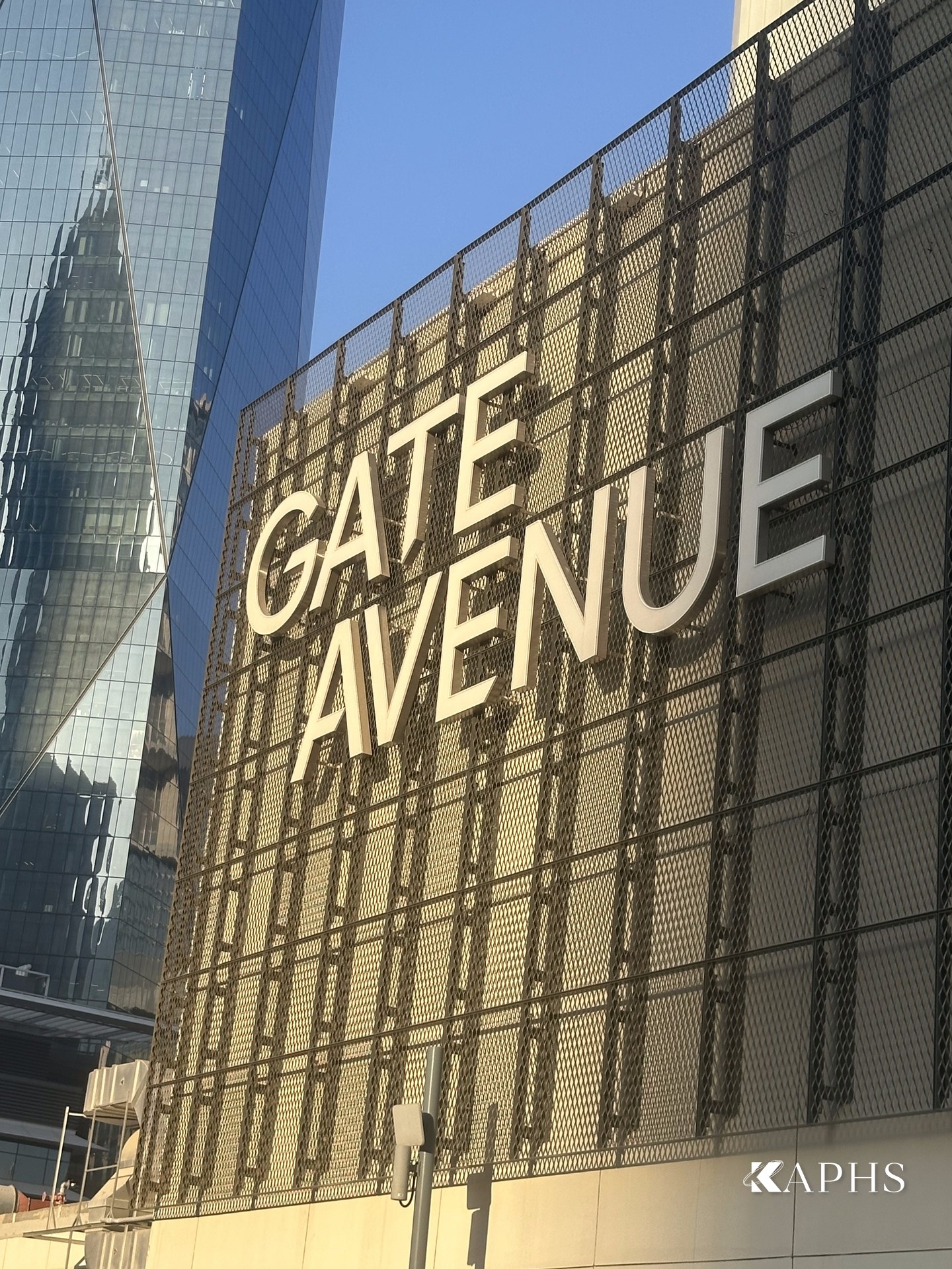 Golden-hour view of ExpandForm expanded metal mesh cladding, DIFC Gate Avenue — KAPHS