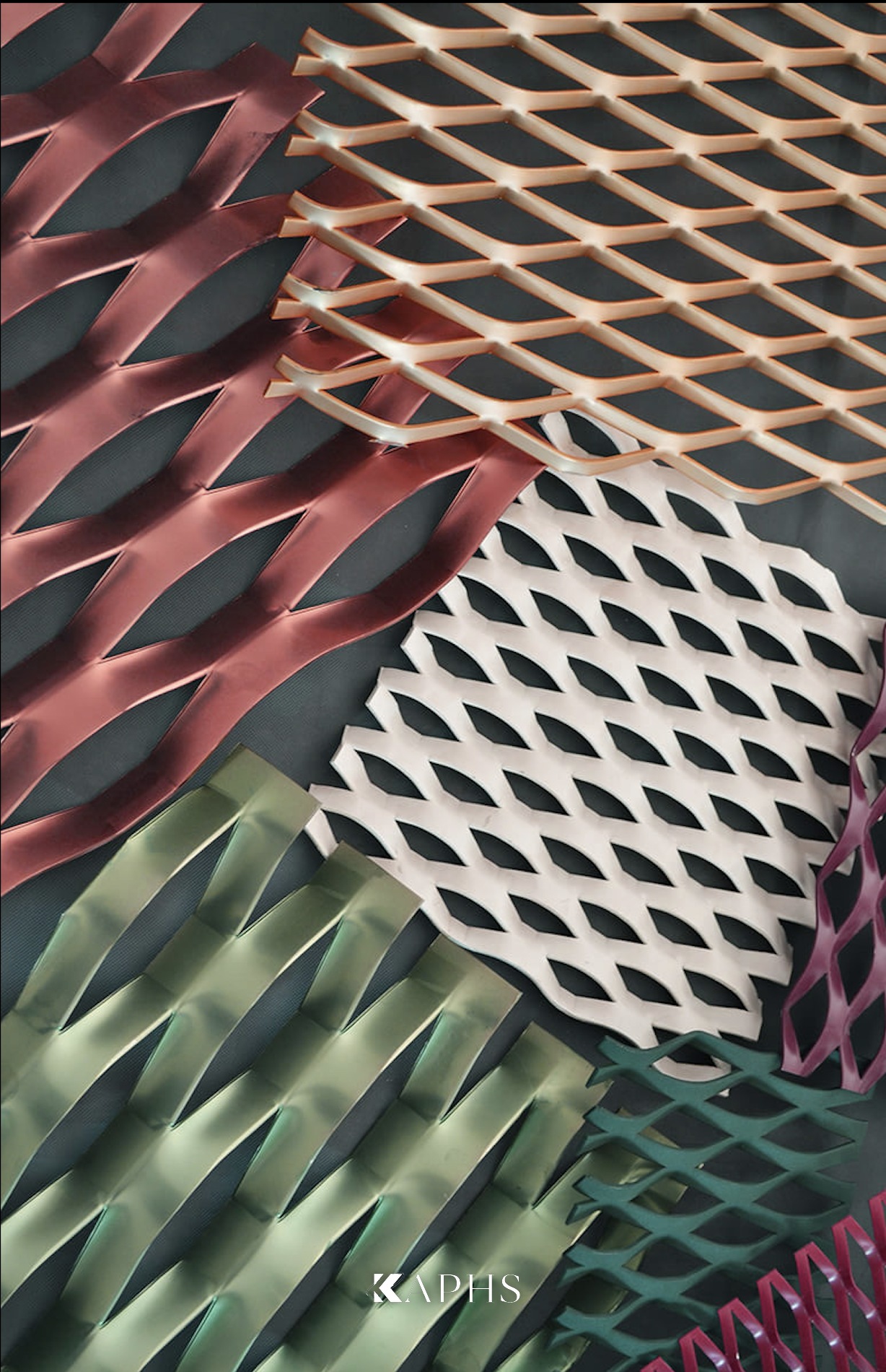 Expanded metal mesh in copper, red, cream and green diamond patterns — KAPHS ExpandForm, Dubai & UAE