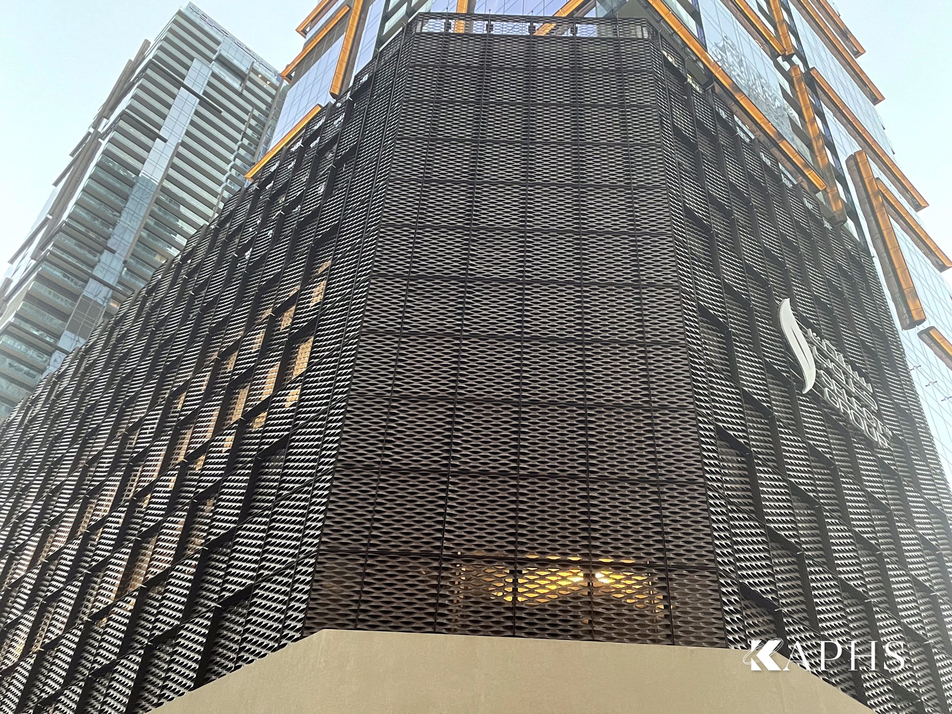 Alternating-depth ExpandForm expanded metal mesh car-park façade, Marina Gate Tower 3 Dubai — KAPHS