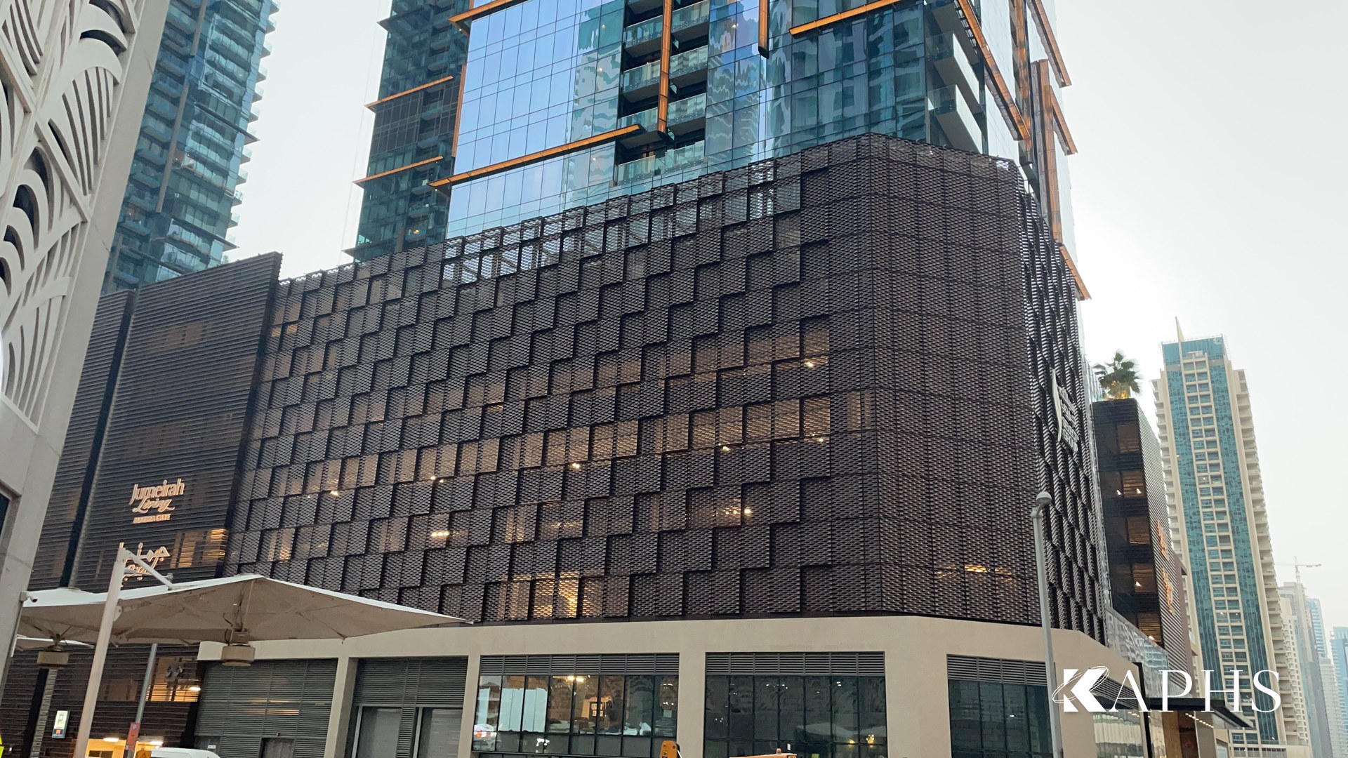 Marina Gate Tower 3 podium clad in ExpandForm expanded metal mesh, Dubai Marina — KAPHS