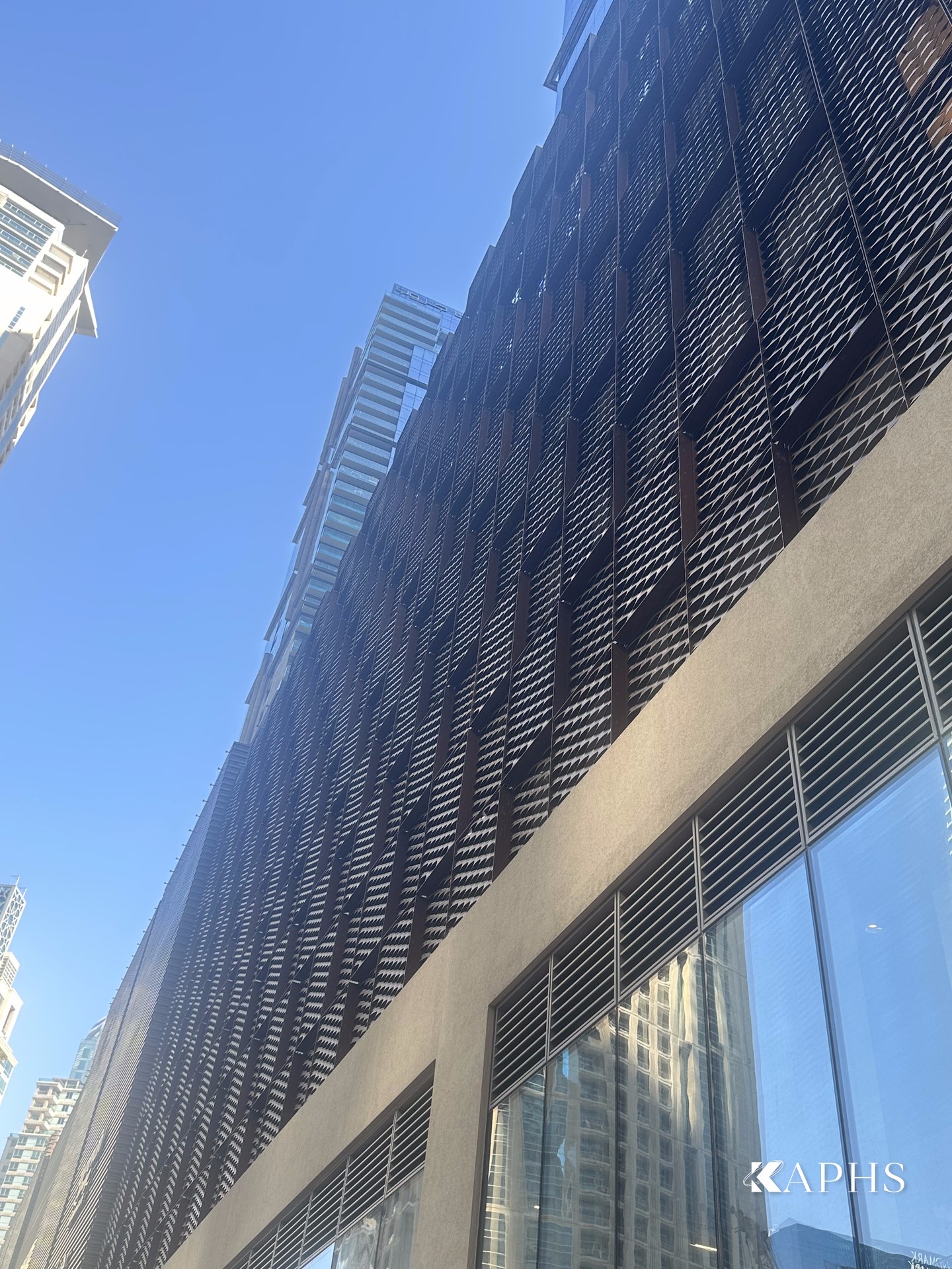 ExpandForm round-pattern expanded metal mesh detail, Marina Gate Tower 3 Dubai Marina — KAPHS