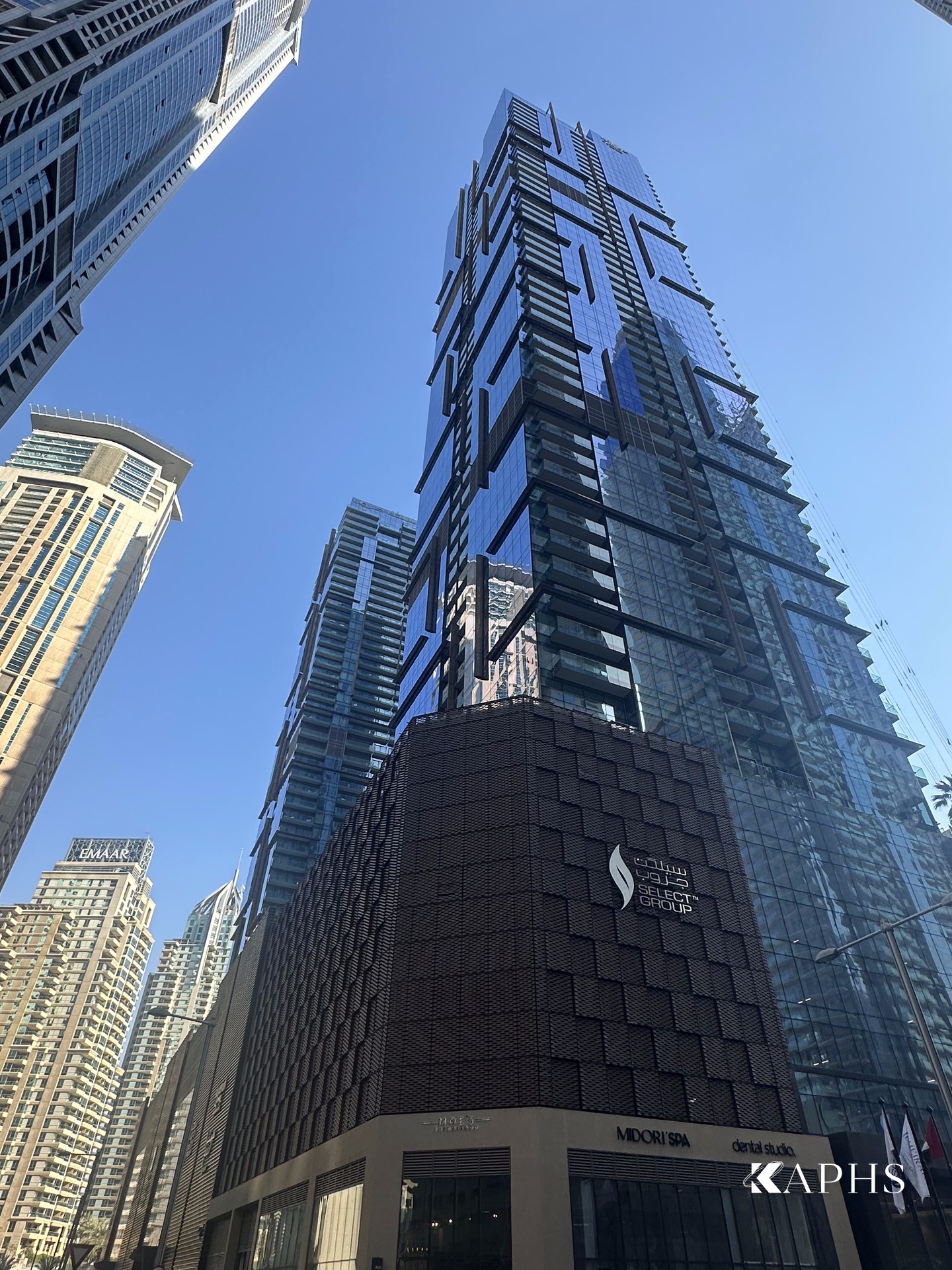 Marina Gate Tower 3 tower and mesh-clad car park, Dubai Marina — KAPHS