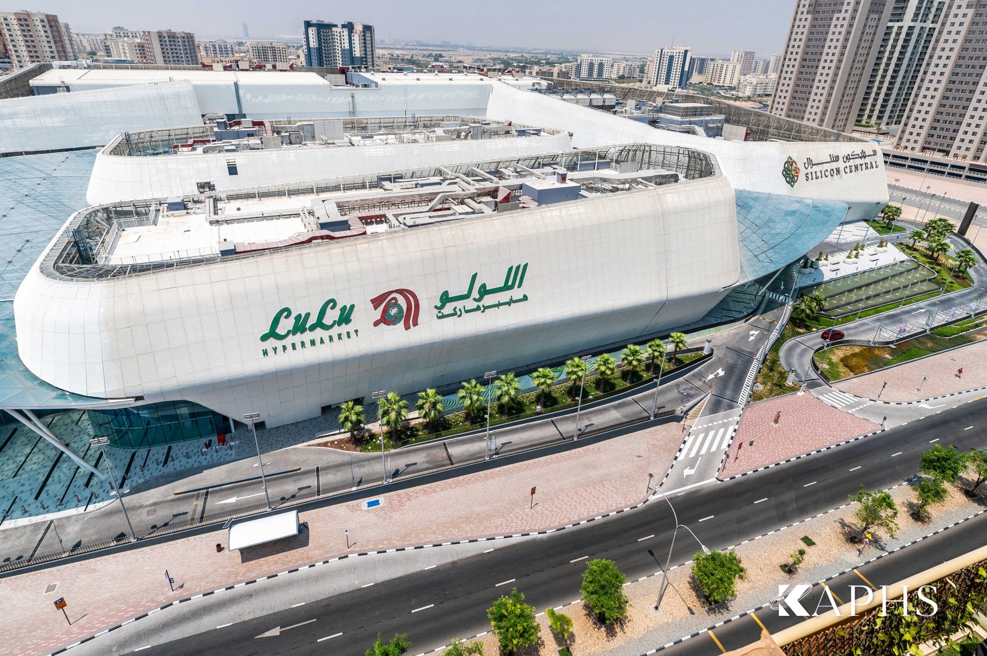 Aerial view of Lulu Silicon Central Mall clad in ExpandForm expanded metal mesh, Dubai — KAPHS