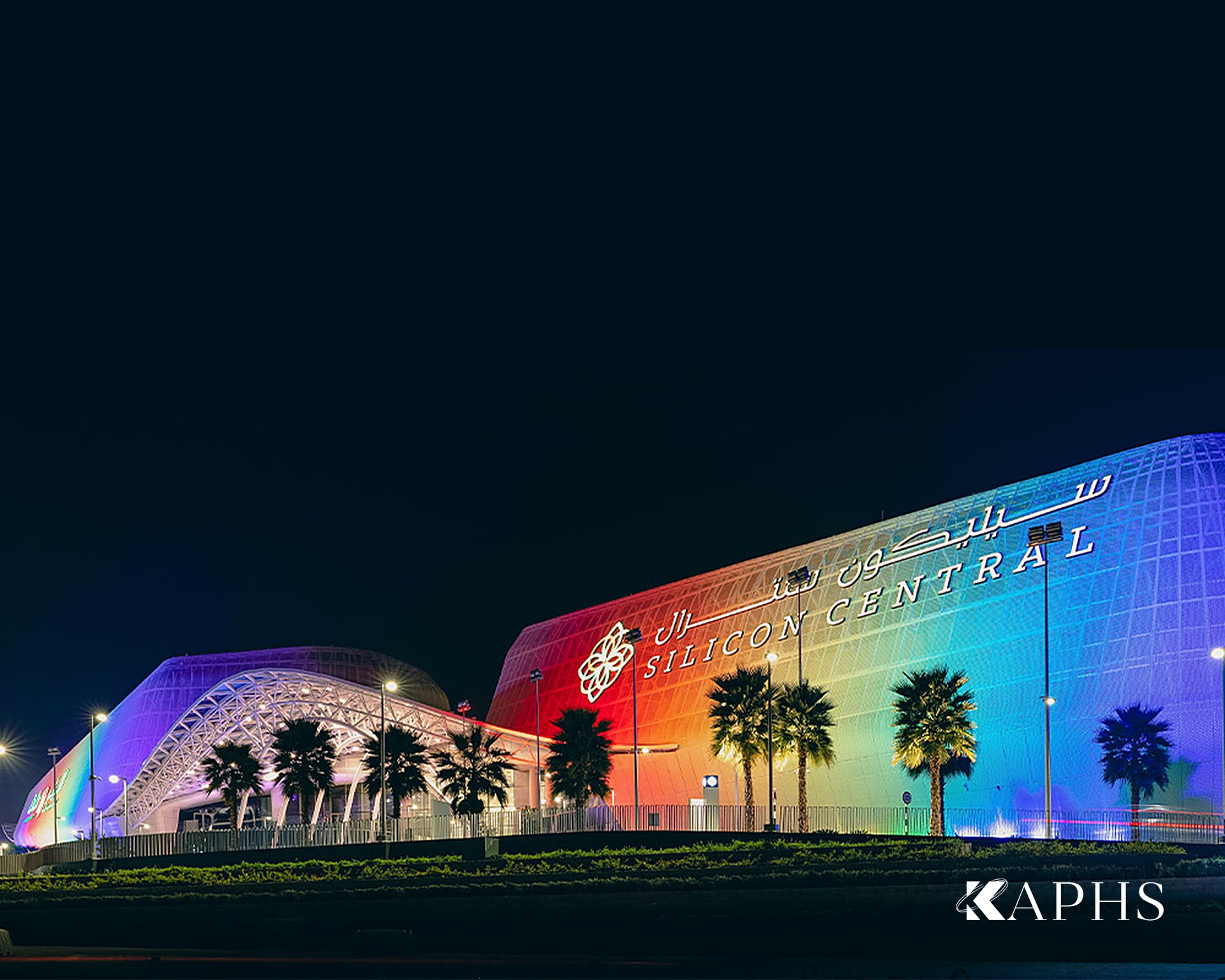 Silicon Central Mall façade lit with colour LEDs through the ExpandForm expanded metal mesh, Dubai — KAPHS