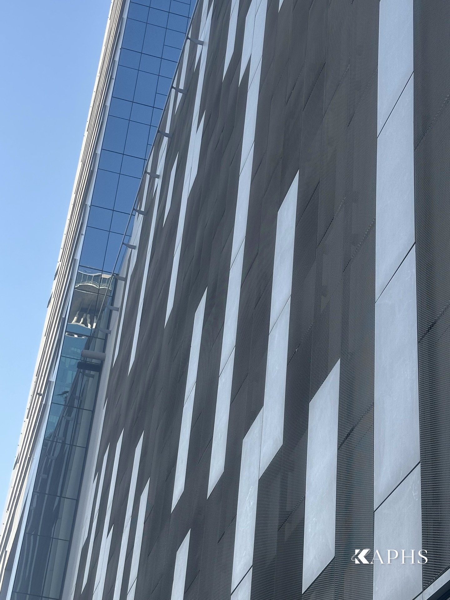 Fine 62mm diamond ExpandForm expanded metal mesh car-park cladding at Tiara United Towers, Dubai — KAPHS
