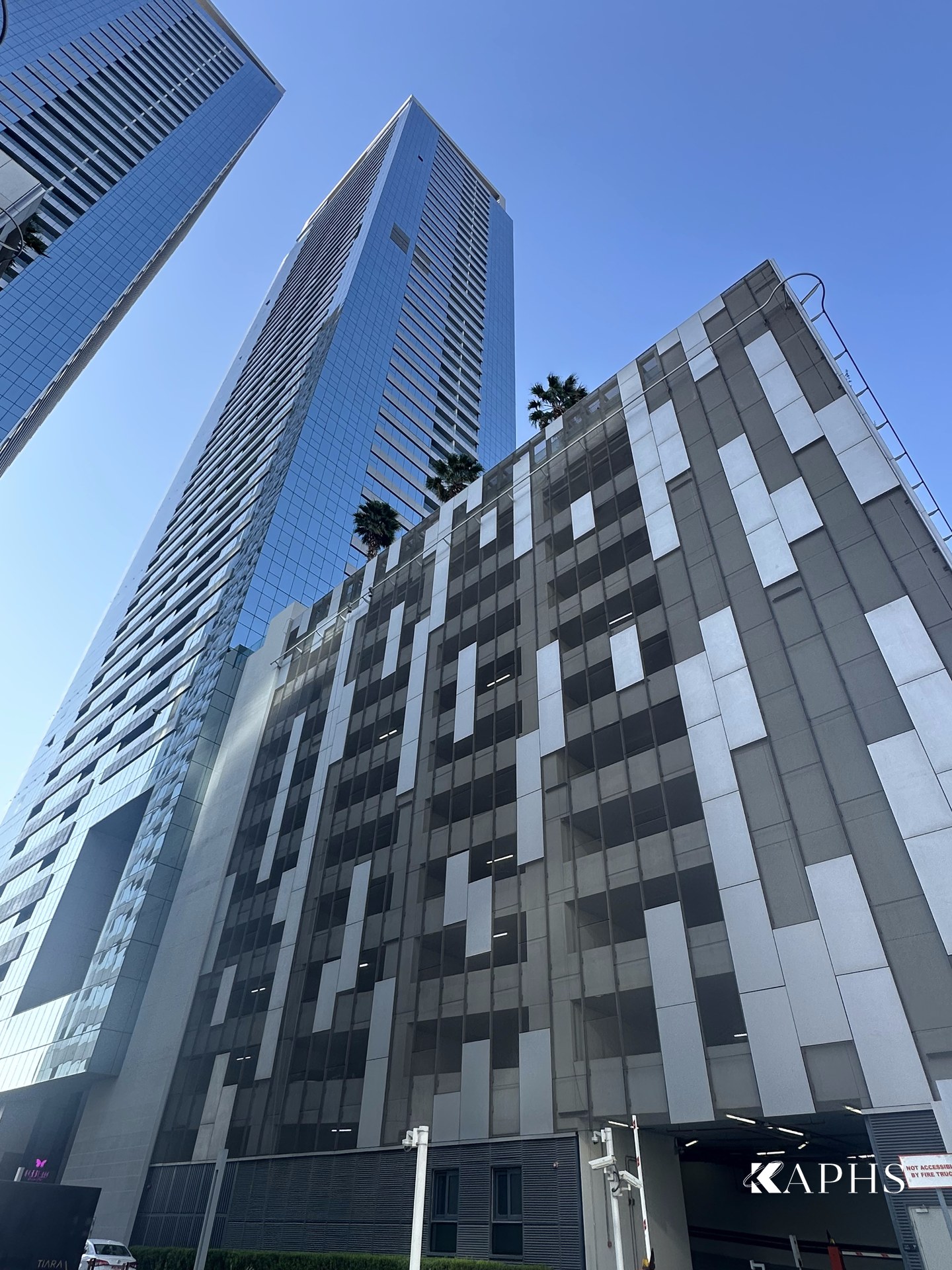 ExpandForm expanded metal mesh car-park cladding at the base of Tiara United Towers, Dubai — KAPHS