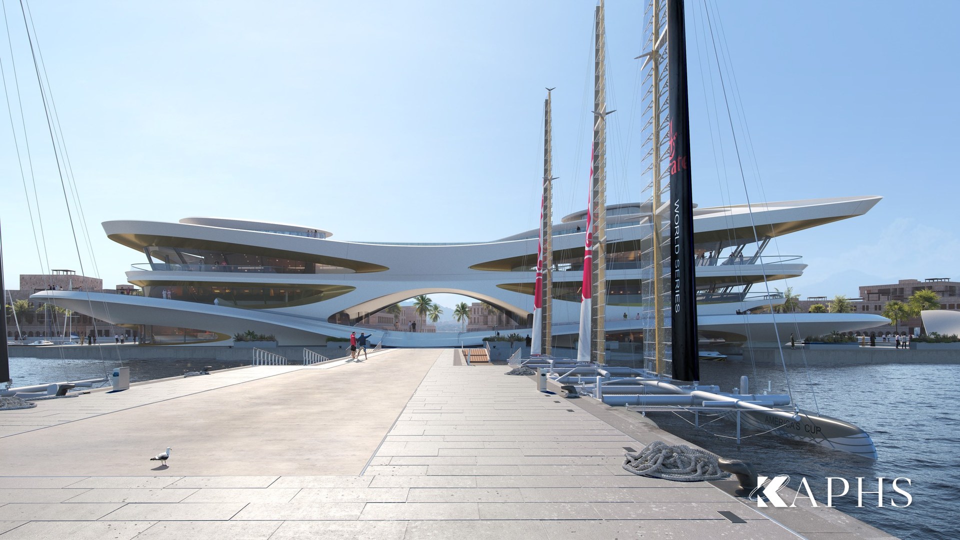 Curved NorthGlass jumbo glass façade of the AMAALA Triple Bay Yacht Club, Saudi Arabia — KAPHS