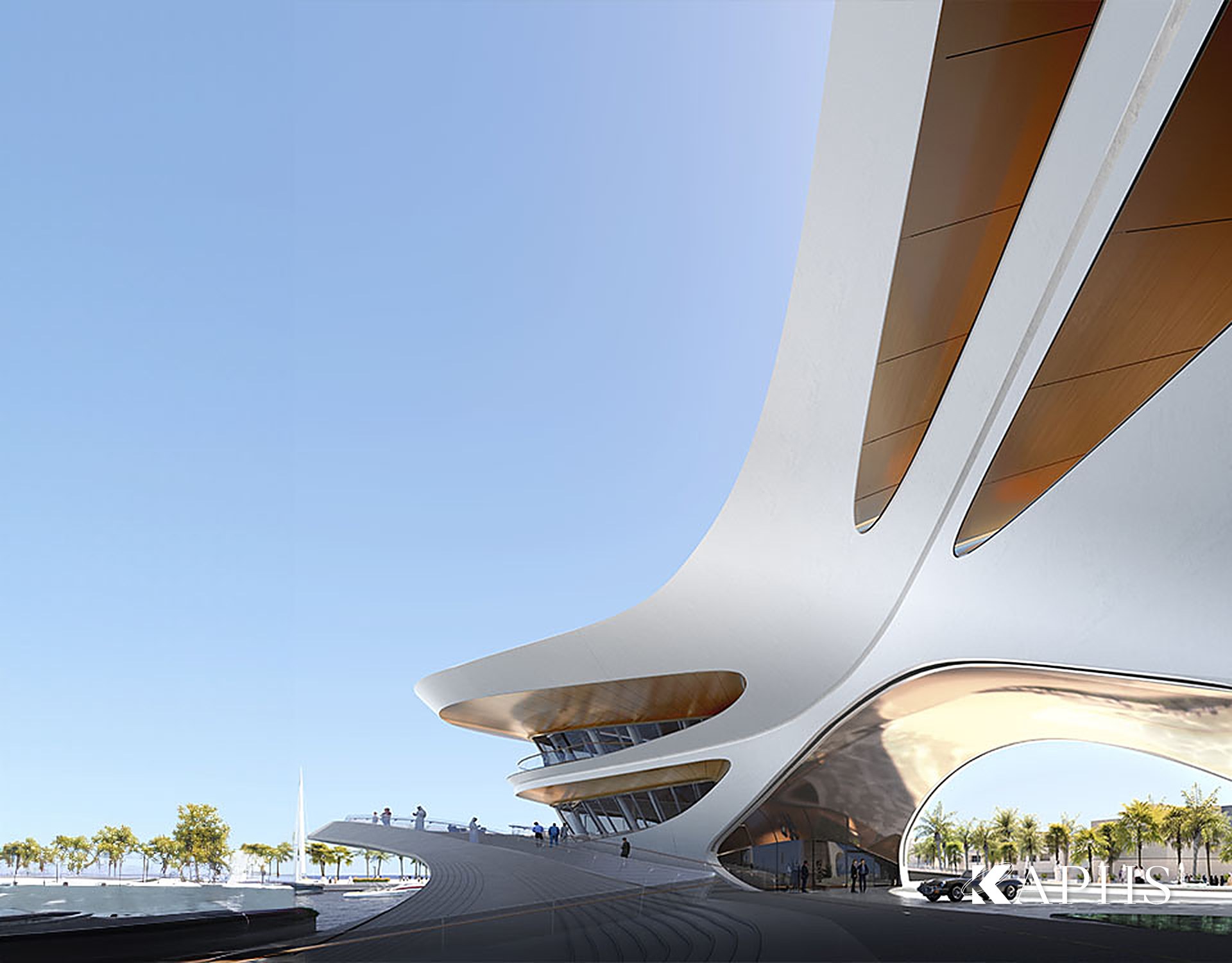 Flowing curved NorthGlass jumbo glass soffit at the AMAALA Yacht Club, Triple Bay — KAPHS
