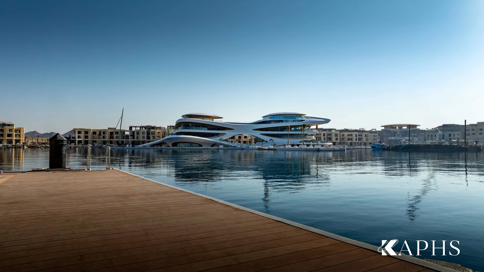 AMAALA Yacht Club marina view with curved NorthGlass jumbo glass façade, Red Sea Saudi Arabia — KAPHS