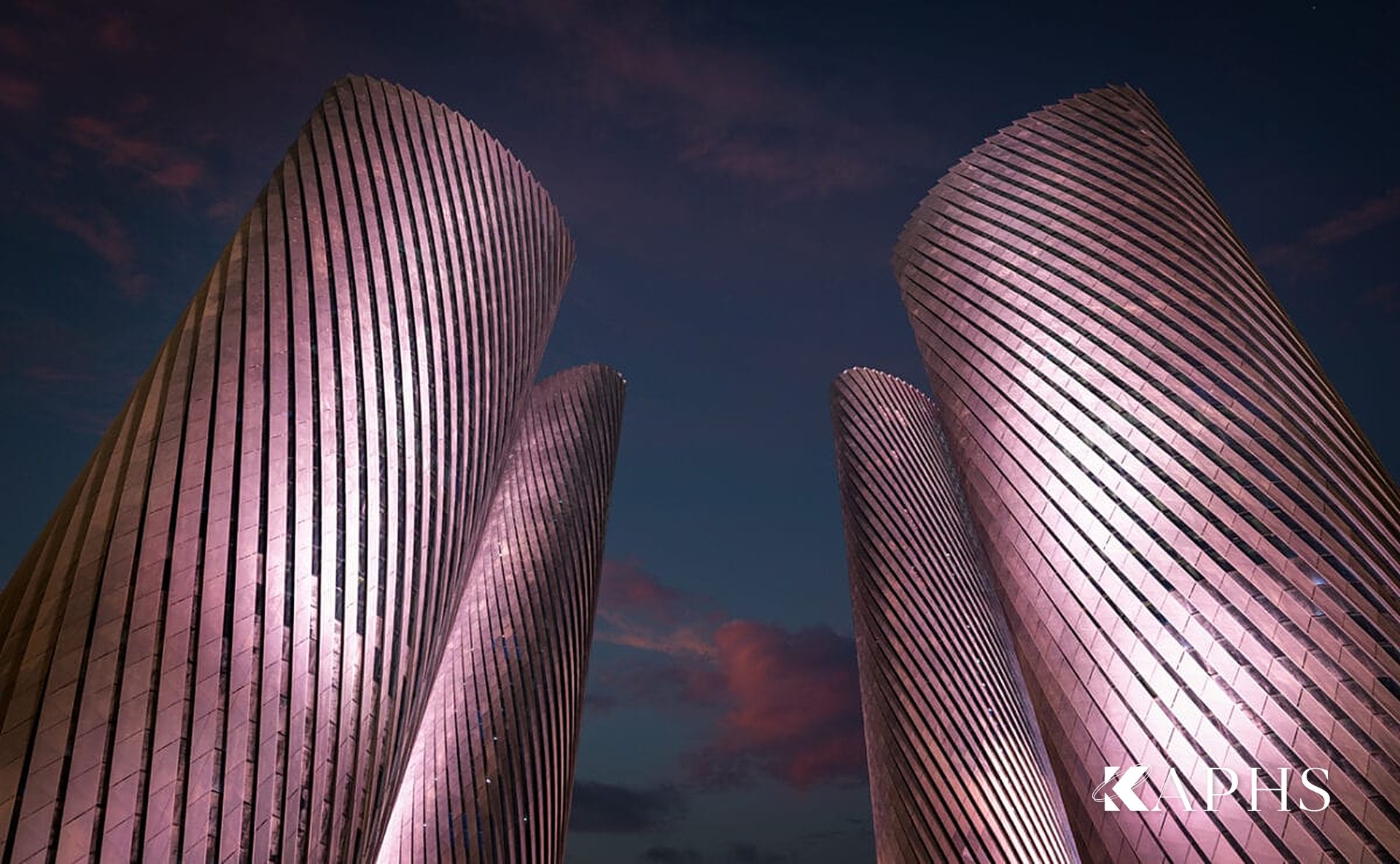 Lusail Plaza Towers' shaded NorthGlass jumbo glass façades against the sky, Qatar — KAPHS