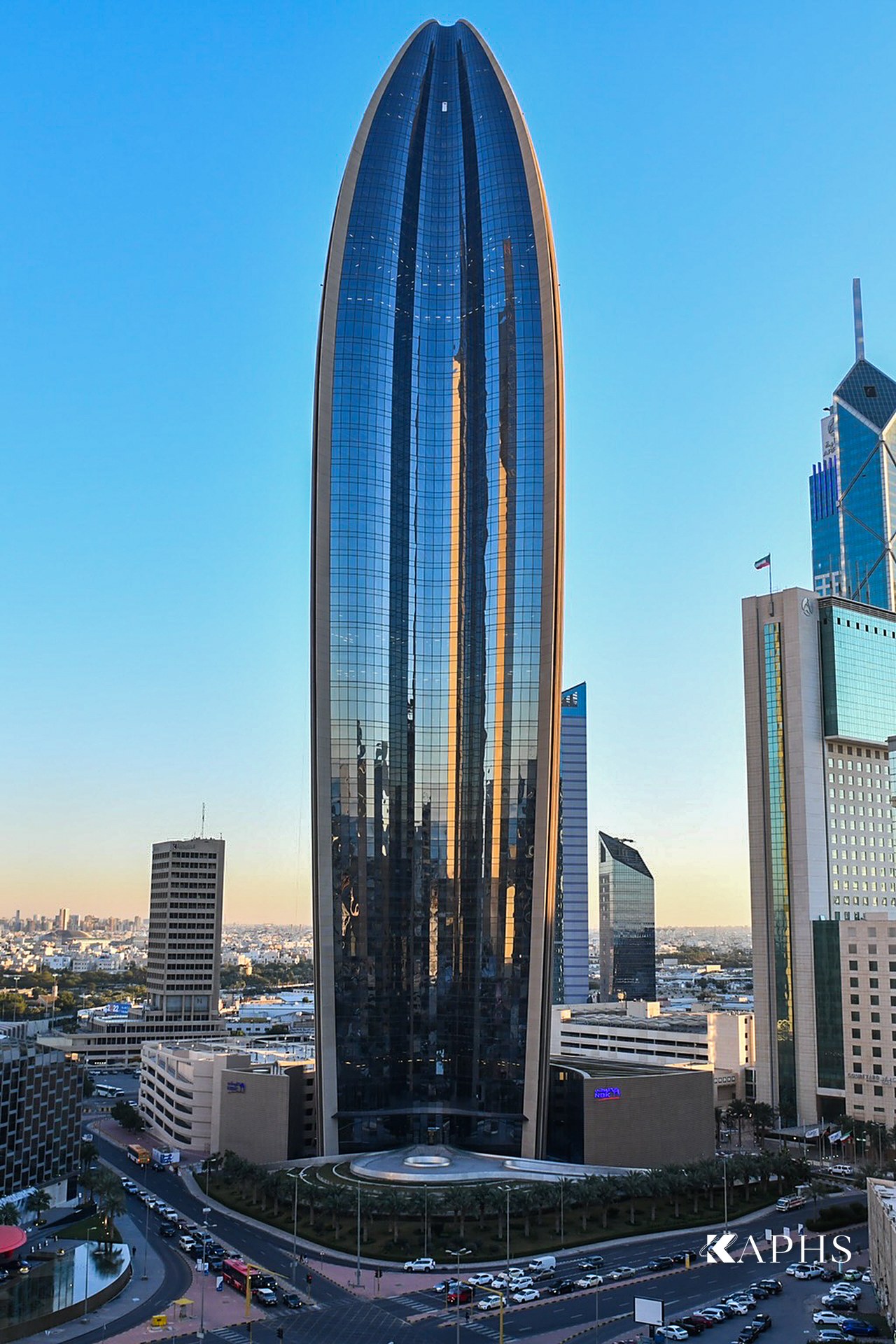 NBK headquarters shell-form tower in NorthGlass jumbo glass on the Kuwait City skyline — KAPHS