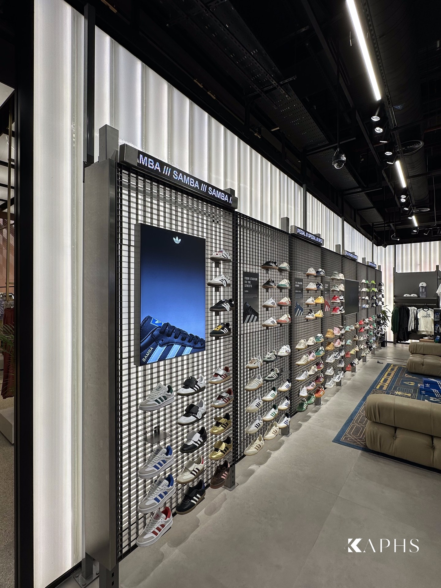 Backlit U-channel glass panels at the adidas Flagship Store, Dubai Mall — KAPHS