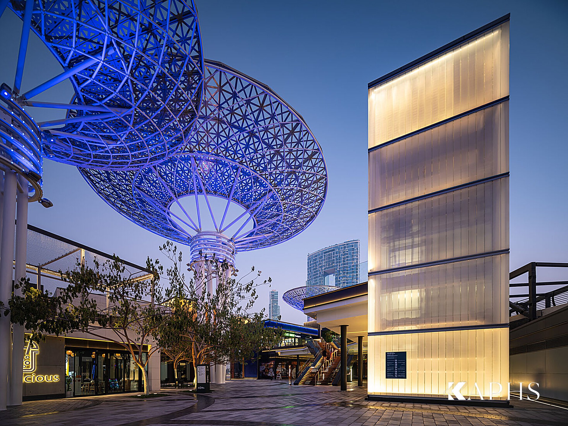 Illuminated LINIT U-channel glass tower at Bluewaters Island, Dubai — KAPHS