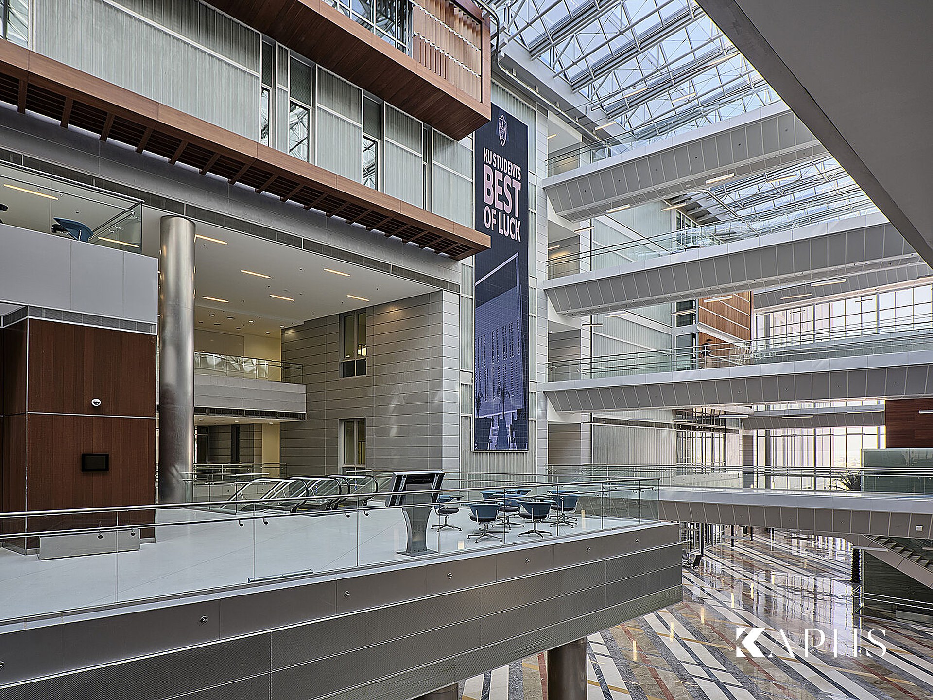 College of Engineering & Petroleum, Kuwait University — façade and shaded courtyard, KAPHS channel glass