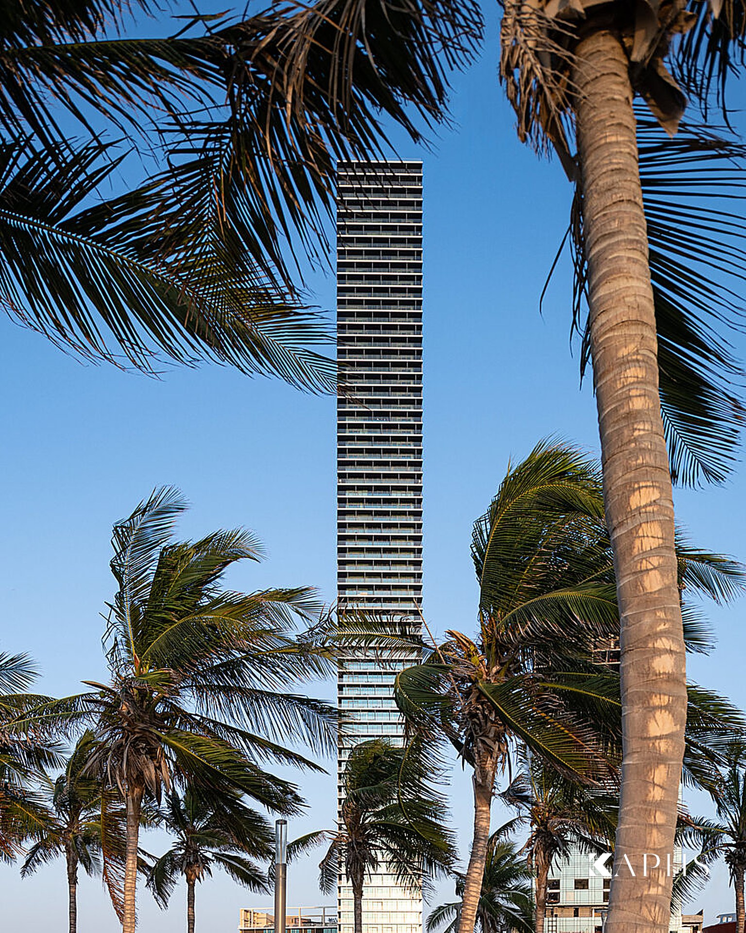 Shangri-La Hotel tower framed by palms, Jeddah — KAPHS channel glass project